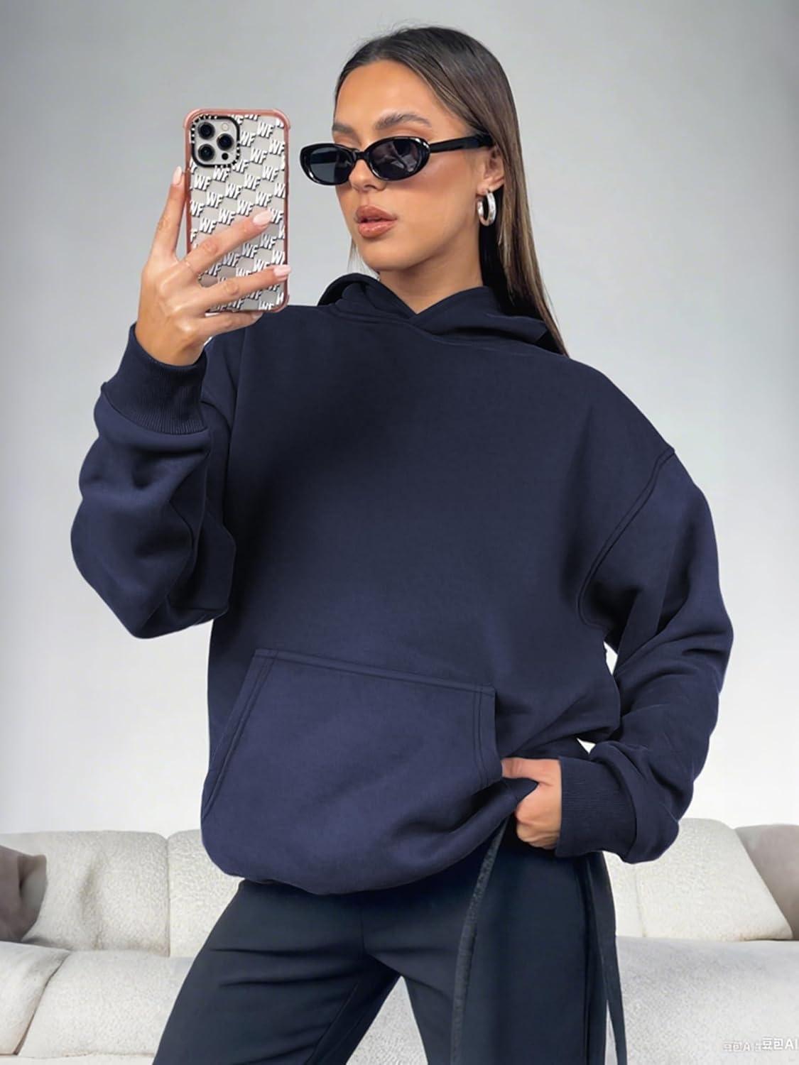 imageATHMILE Womens Oversized Hoodies Fleece Sweatshirts Long Sleeve Sweaters Pullover Fall Clothes with PocketNavy