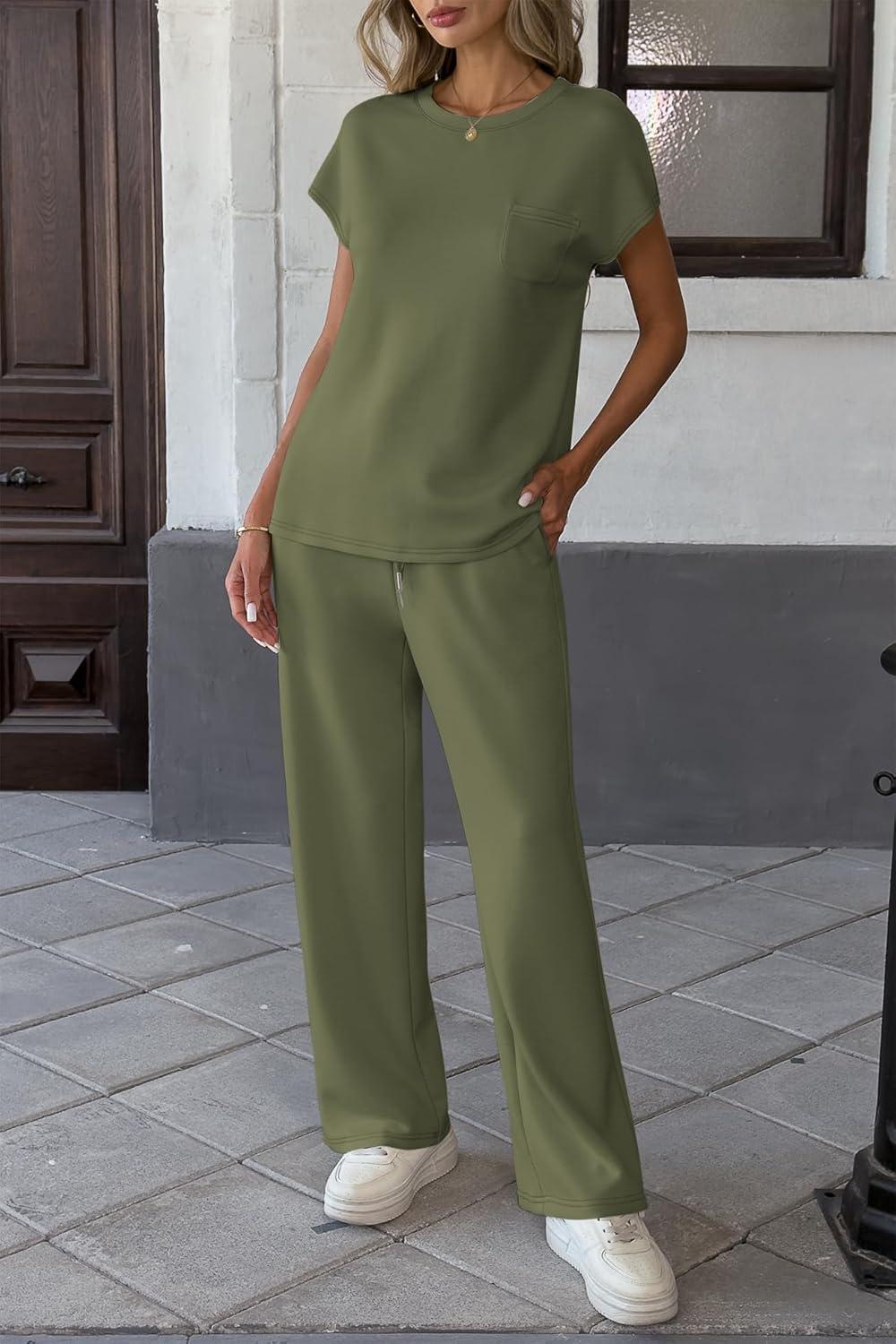 imageATHMILE Two Piece Sets for Women Casual Summer Travel Outfits Cap Sleeve Vacation Cap Sleeve Wide Leg Pants Lounge SetGreen