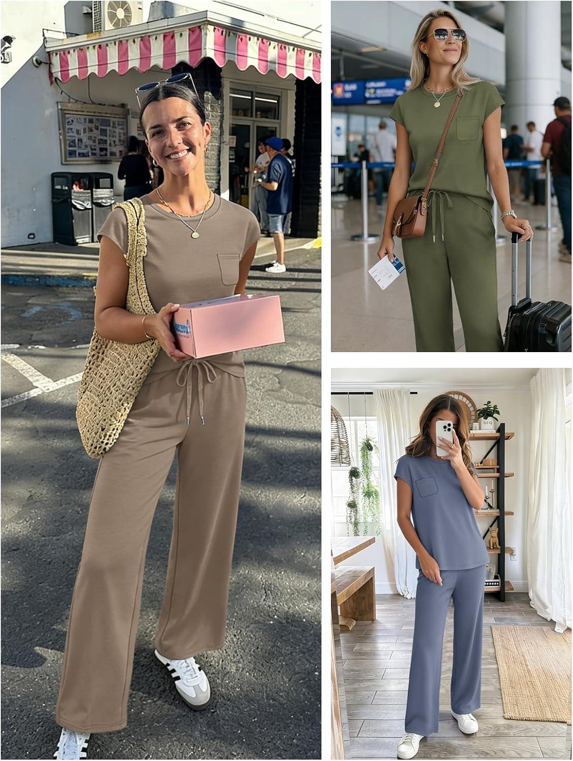 imageATHMILE Two Piece Sets for Women Casual Summer Travel Outfits Cap Sleeve Vacation Cap Sleeve Wide Leg Pants Lounge SetGreen