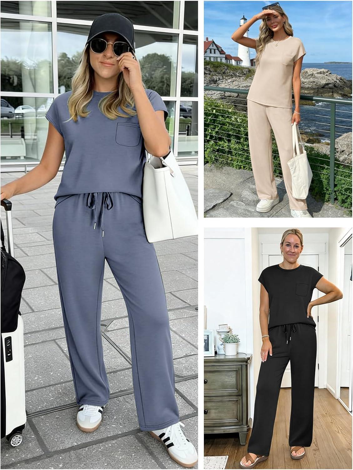 imageATHMILE Two Piece Sets for Women Casual Summer Travel Outfits Cap Sleeve Vacation Cap Sleeve Wide Leg Pants Lounge SetGreen