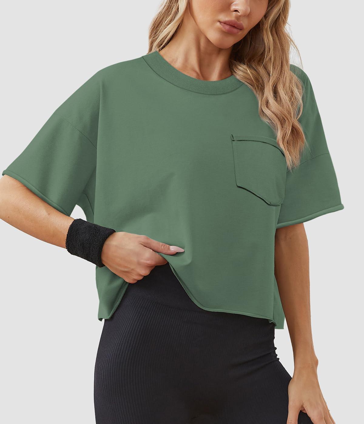 imageATHMILE Womens Crop Tops Spring Summer Oversized TShirts Short Sleeve Workout Casual Drop Shoulder Basic Loose Tees 2026Darkgreen