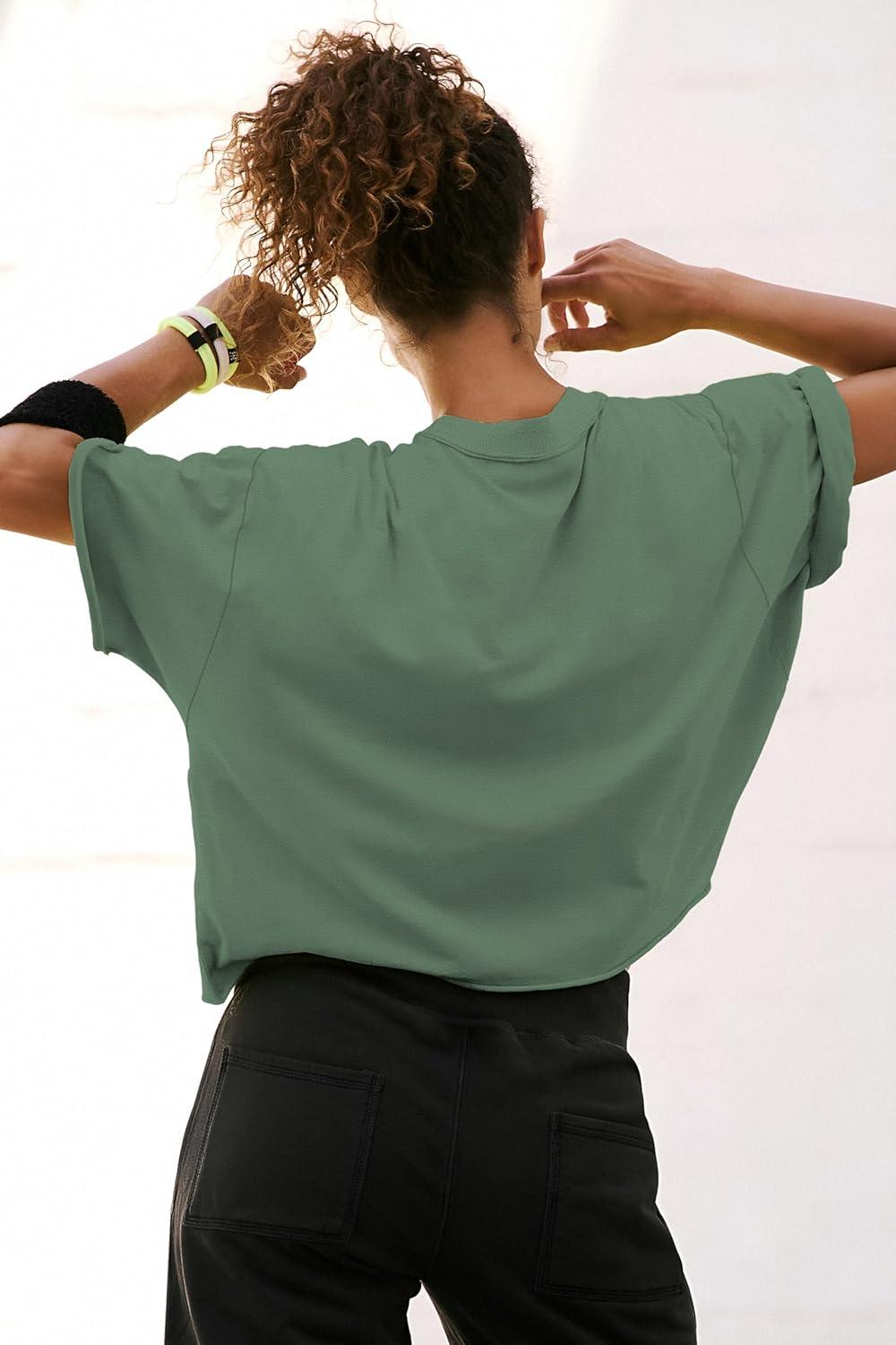 imageATHMILE Womens Crop Tops Spring Summer Oversized TShirts Short Sleeve Workout Casual Drop Shoulder Basic Loose Tees 2026Darkgreen