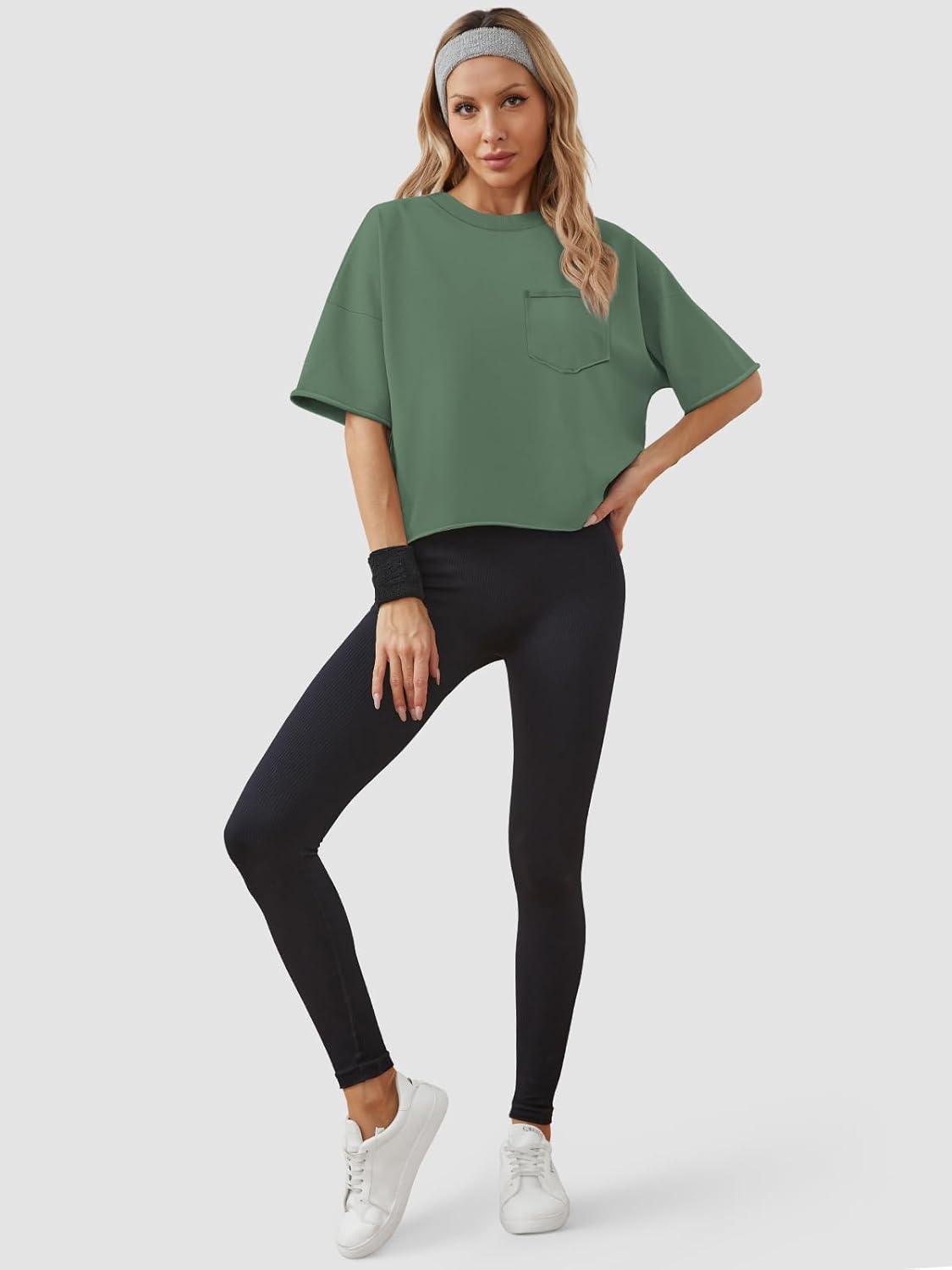 imageATHMILE Womens Crop Tops Spring Summer Oversized TShirts Short Sleeve Workout Casual Drop Shoulder Basic Loose Tees 2026Darkgreen