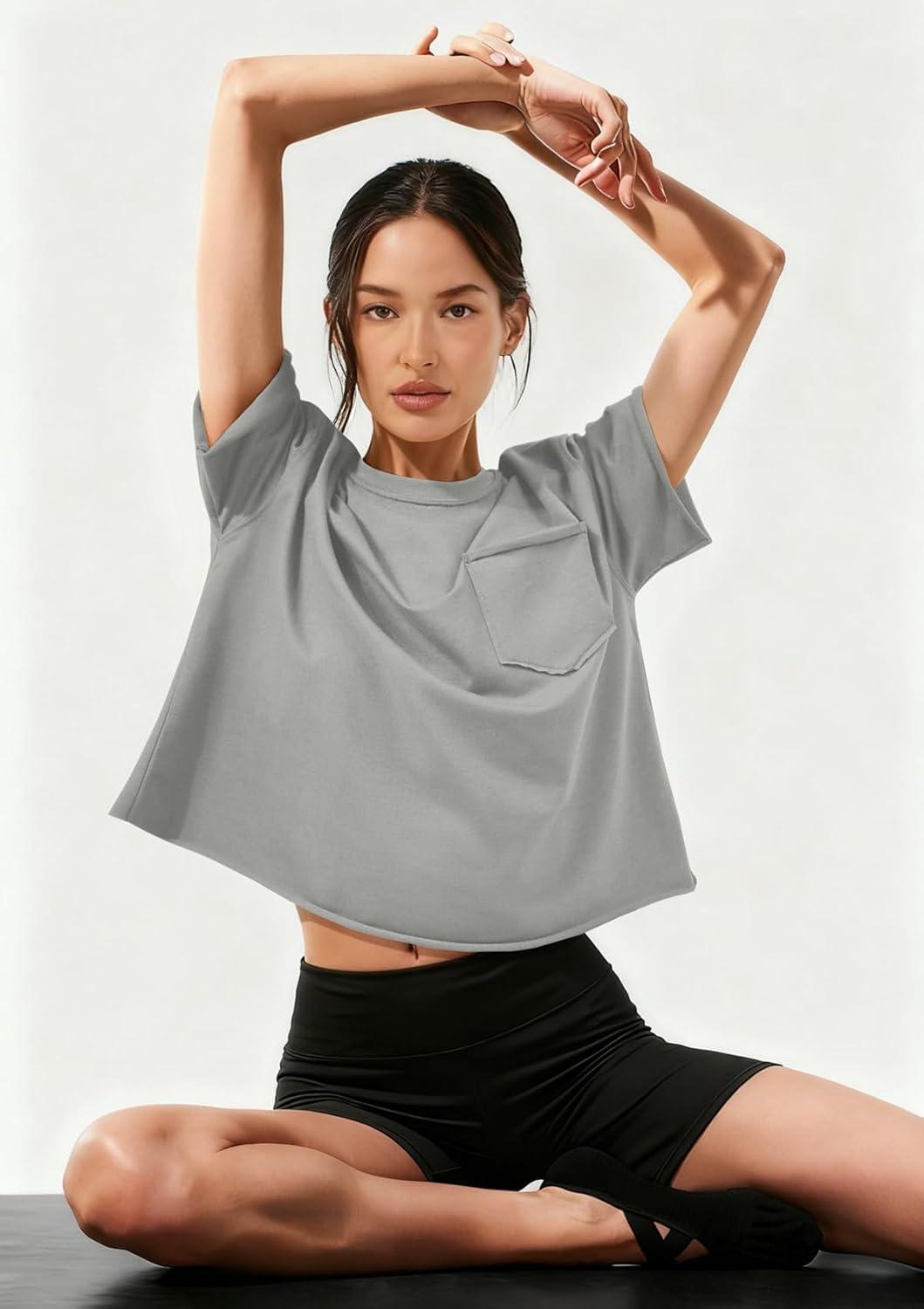 imageATHMILE Womens Crop Tops Spring Summer Oversized TShirts Short Sleeve Workout Casual Drop Shoulder Basic Loose Tees 2026Lightgrey