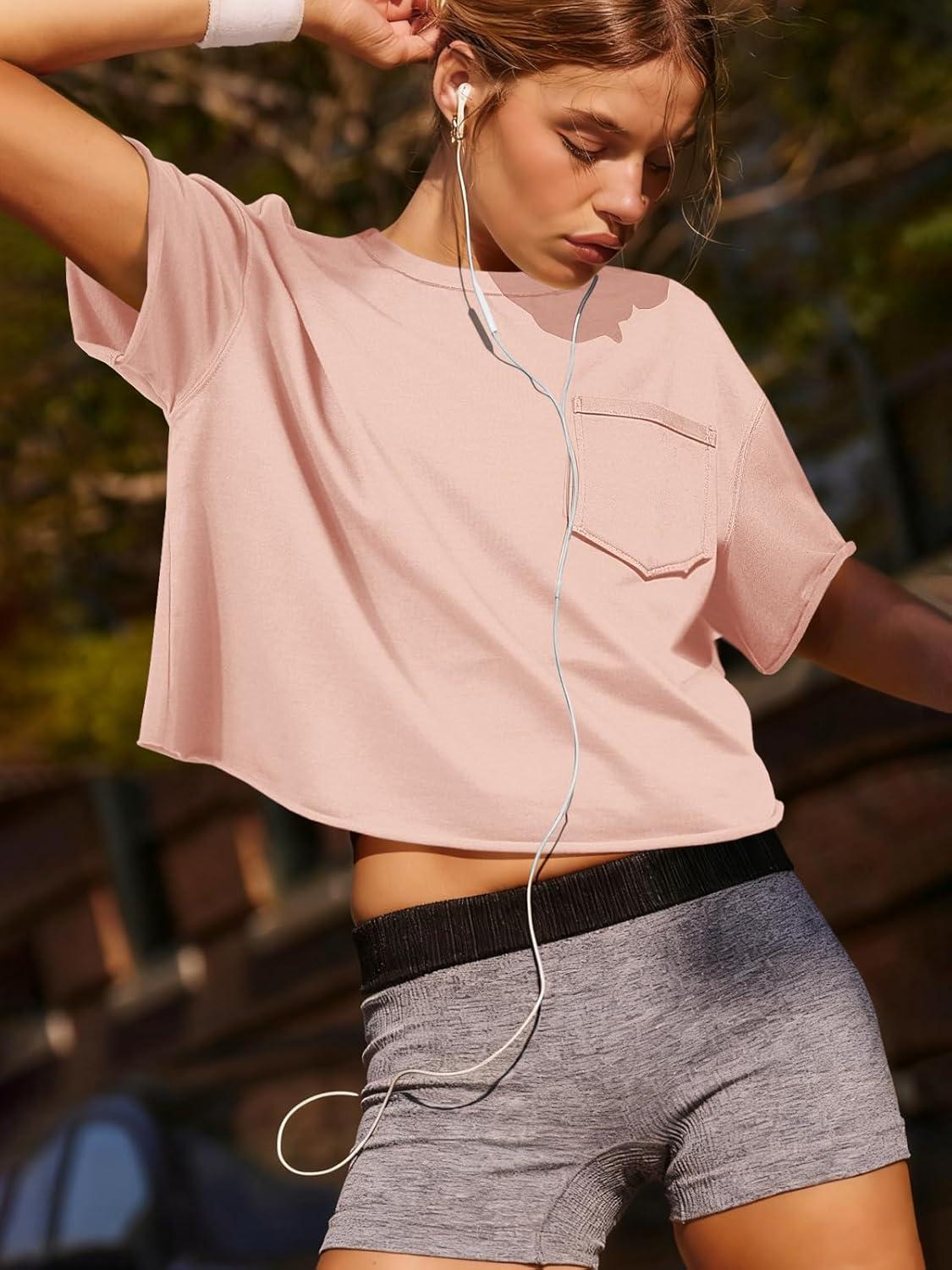 imageATHMILE Womens Crop Tops Spring Summer Oversized TShirts Short Sleeve Workout Casual Drop Shoulder Basic Loose Tees 2026Lightpink