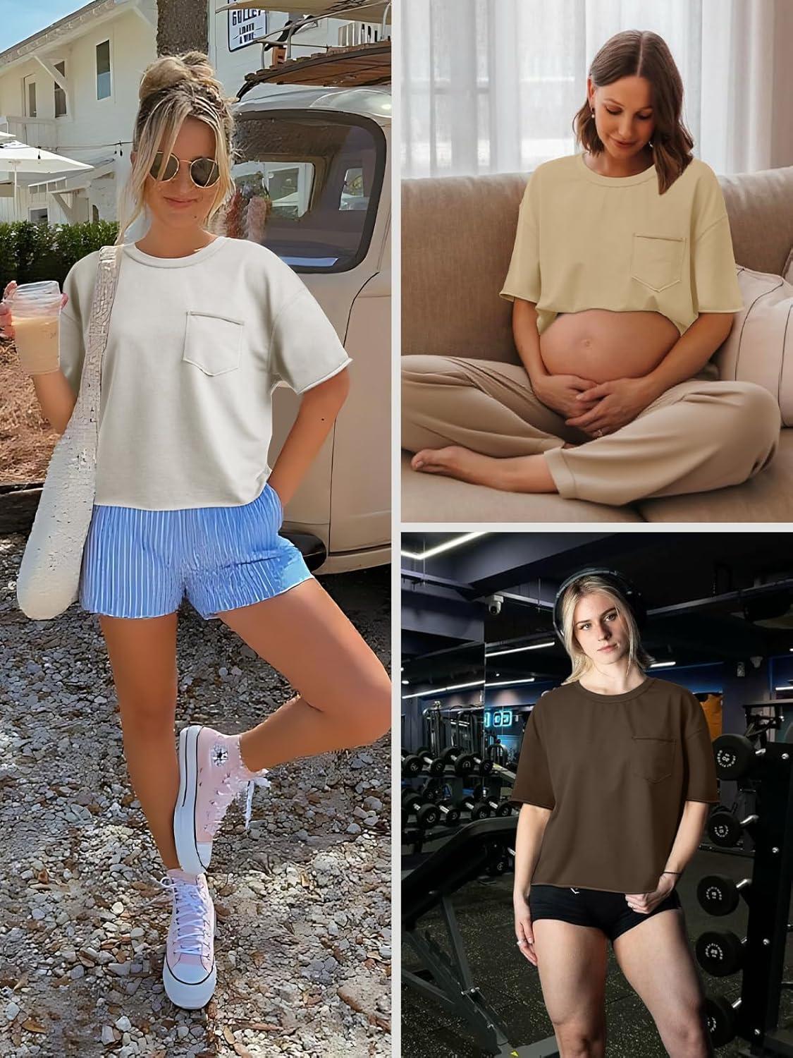 imageATHMILE Womens Crop Tops Spring Summer Oversized TShirts Short Sleeve Workout Casual Drop Shoulder Basic Loose Tees 2026Lightpink