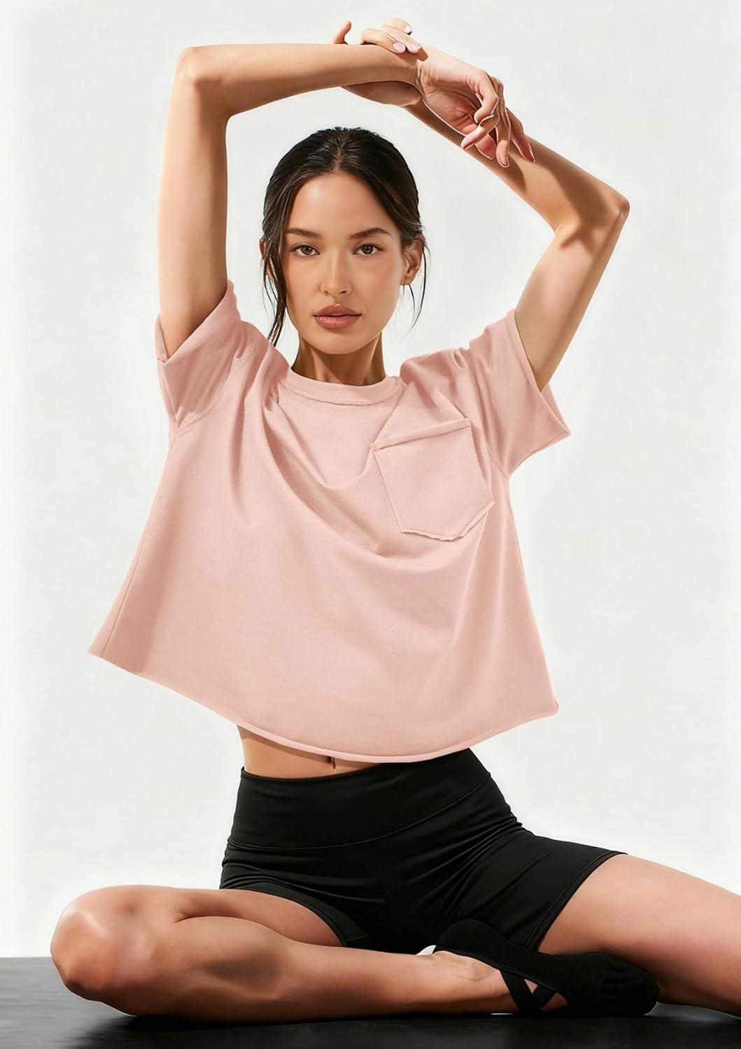 imageATHMILE Womens Crop Tops Spring Summer Oversized TShirts Short Sleeve Workout Casual Drop Shoulder Basic Loose Tees 2026Lightpink