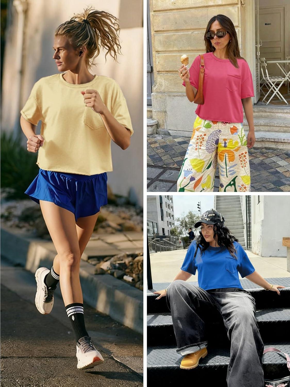 imageATHMILE Womens Crop Tops Spring Summer Oversized TShirts Short Sleeve Workout Casual Drop Shoulder Basic Loose Tees 2026Skyblue