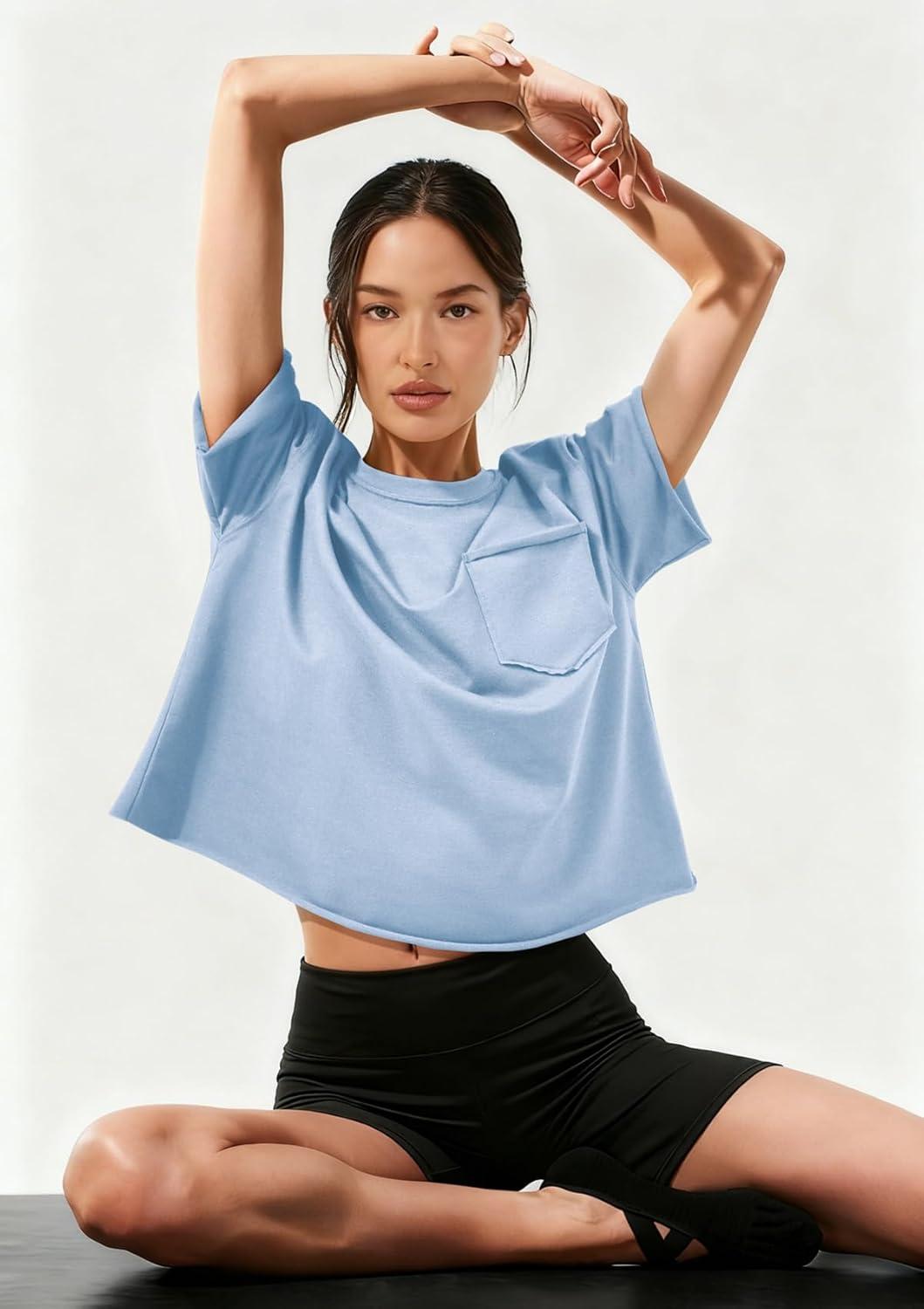 imageATHMILE Womens Crop Tops Spring Summer Oversized TShirts Short Sleeve Workout Casual Drop Shoulder Basic Loose Tees 2026Skyblue