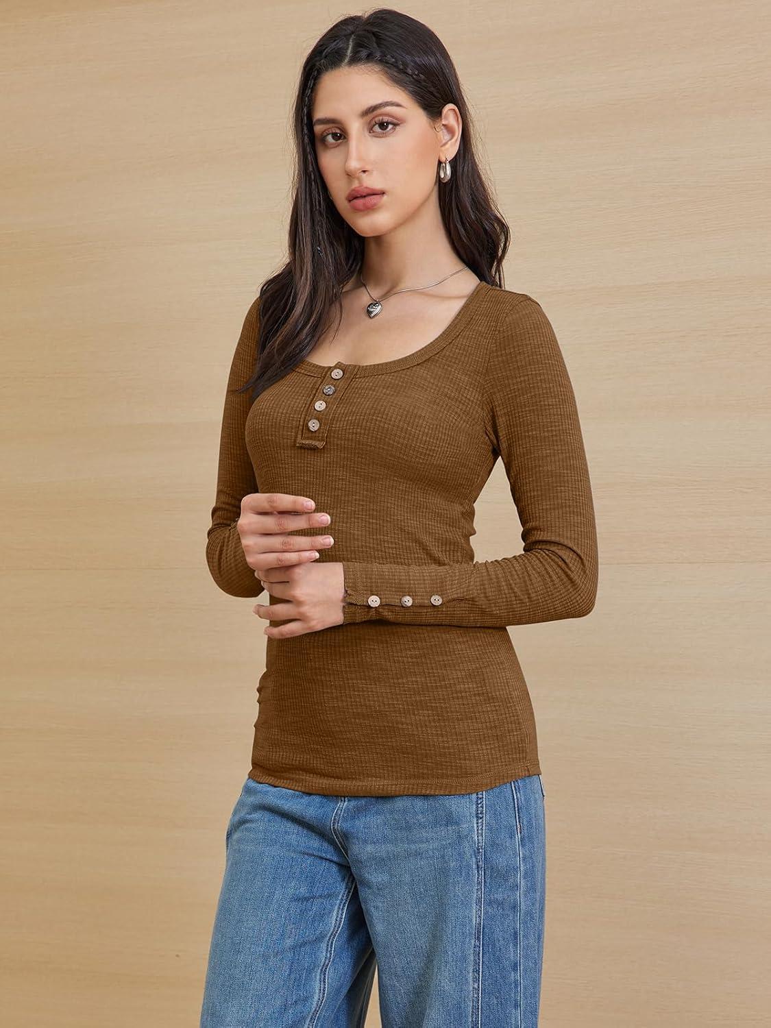 imageATHMILE Womens Long Sleeve Shirts Casual Fall Henley Top Button Down Blouses Basic Ribbed Knit T Shirts 2025Lightbrown