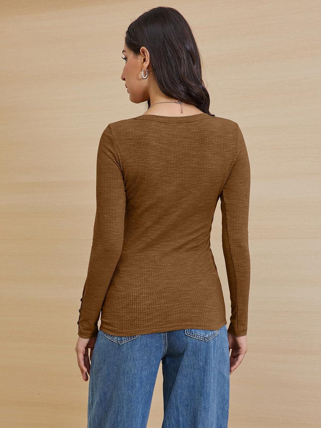 imageATHMILE Womens Long Sleeve Shirts Casual Fall Henley Top Button Down Blouses Basic Ribbed Knit T Shirts 2025Lightbrown