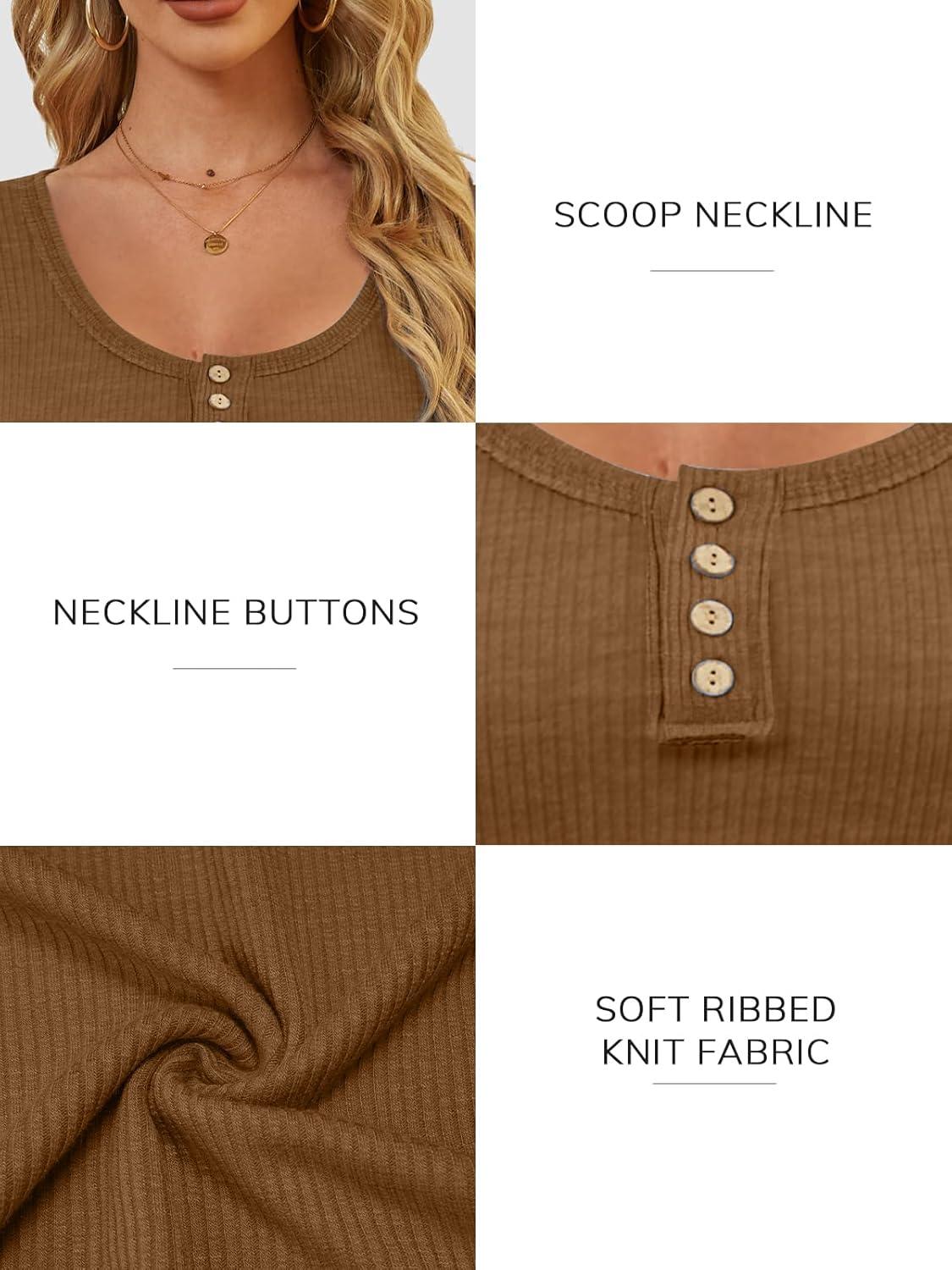 imageATHMILE Womens Long Sleeve Shirts Casual Fall Henley Top Button Down Blouses Basic Ribbed Knit T Shirts 2025Lightbrown