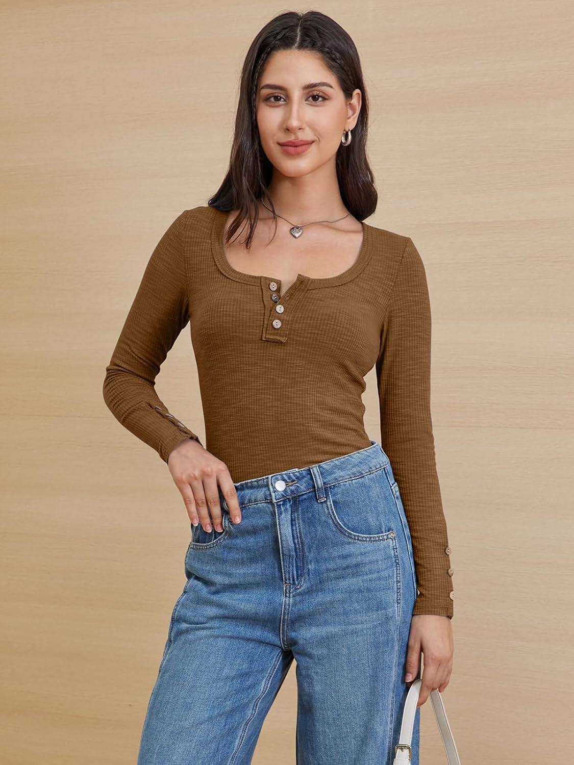 imageATHMILE Womens Long Sleeve Shirts Casual Fall Henley Top Button Down Blouses Basic Ribbed Knit T Shirts 2025Lightbrown