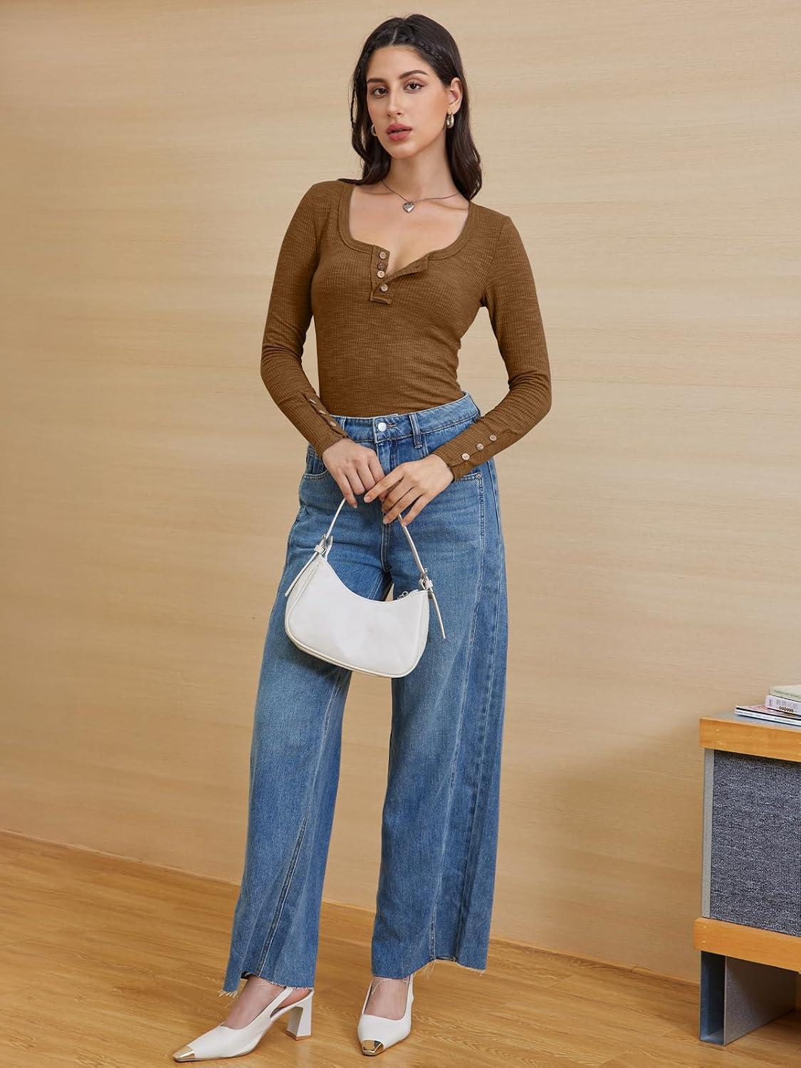 imageATHMILE Womens Long Sleeve Shirts Casual Fall Henley Top Button Down Blouses Basic Ribbed Knit T Shirts 2025Lightbrown