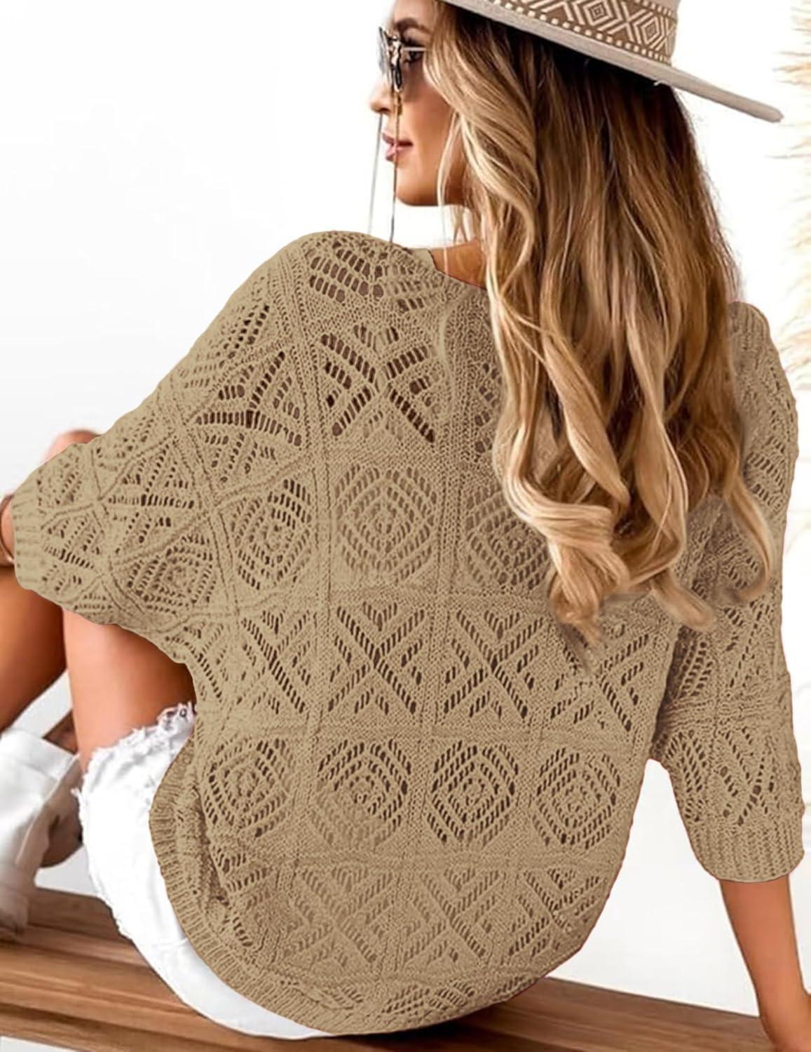 imageATHMILE Womens 2025 Spring Summer Crochet Hollow Out 34 Sleeve Pullover Sweater Off Shoulder TShirts