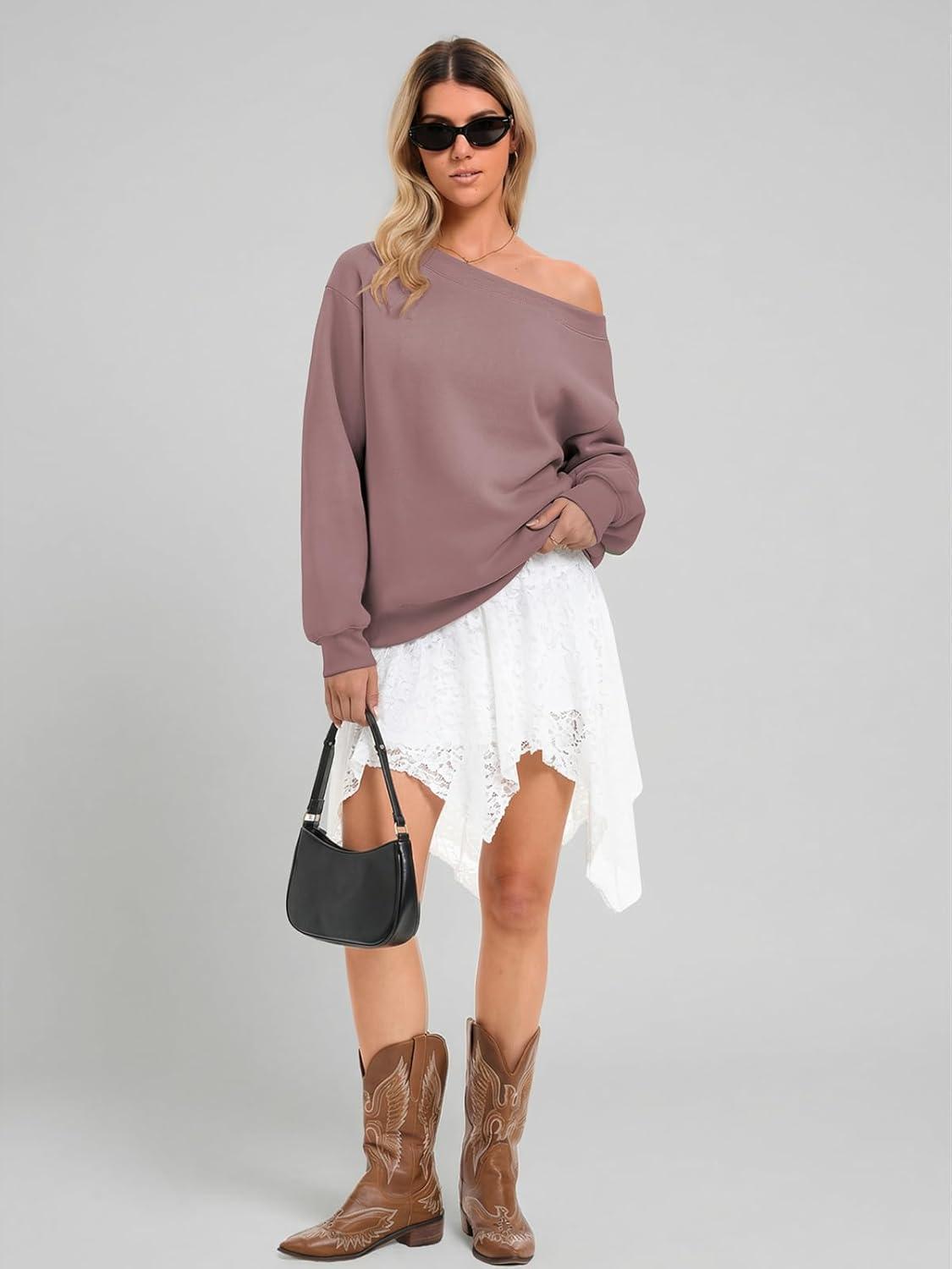 imageATHMILE Womens Off the Shoulder Sweatshirts Fleece Lined Long Sleeve Pullover Tops Oversized Sweater Basic Slouchy ClothesDark Pink