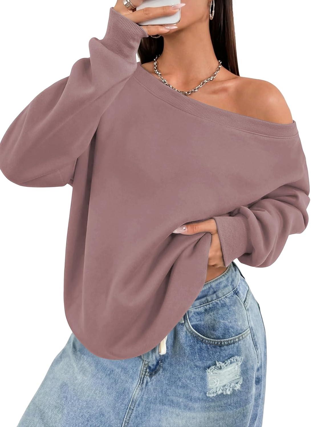imageATHMILE Womens Off the Shoulder Sweatshirts Fleece Lined Long Sleeve Pullover Tops Oversized Sweater Basic Slouchy ClothesDark Pink
