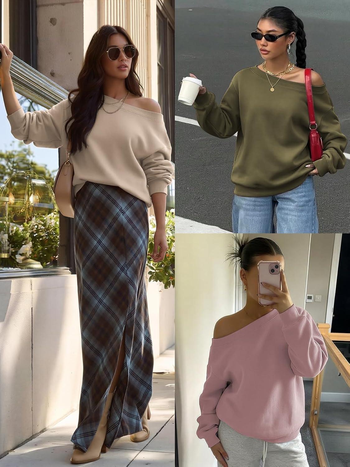 imageATHMILE Womens Off the Shoulder Sweatshirts Fleece Lined Long Sleeve Pullover Tops Oversized Sweater Basic Slouchy ClothesDark Pink