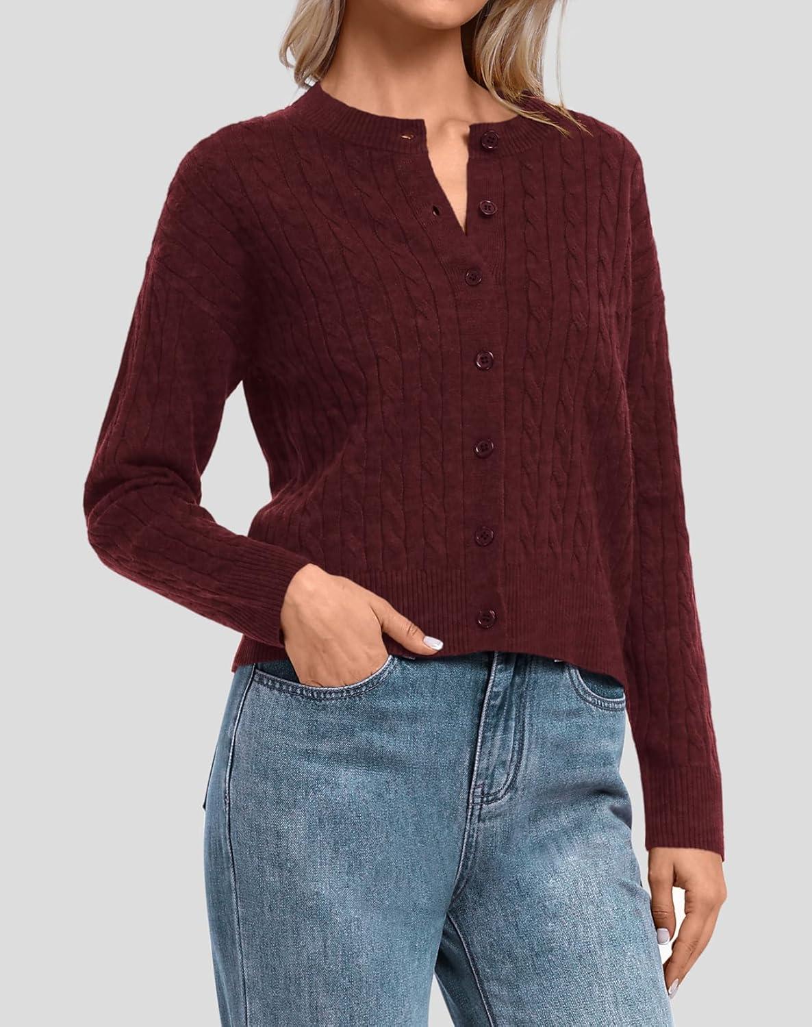 imageATHMILE Cropped Cardigan Sweaters for Women Long Sleeve Button Up Cable Knit Lightweight Cardigan Spring Clothes 2026Wine