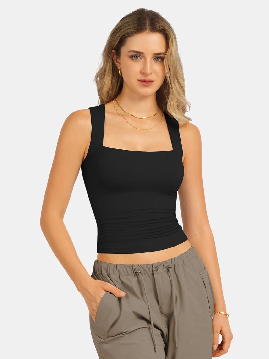 imageATHMILE Tank Tops for Women Square Neck Sleeveless DoubleLayer Tank Tops Basic Tight T ShirtsBlack