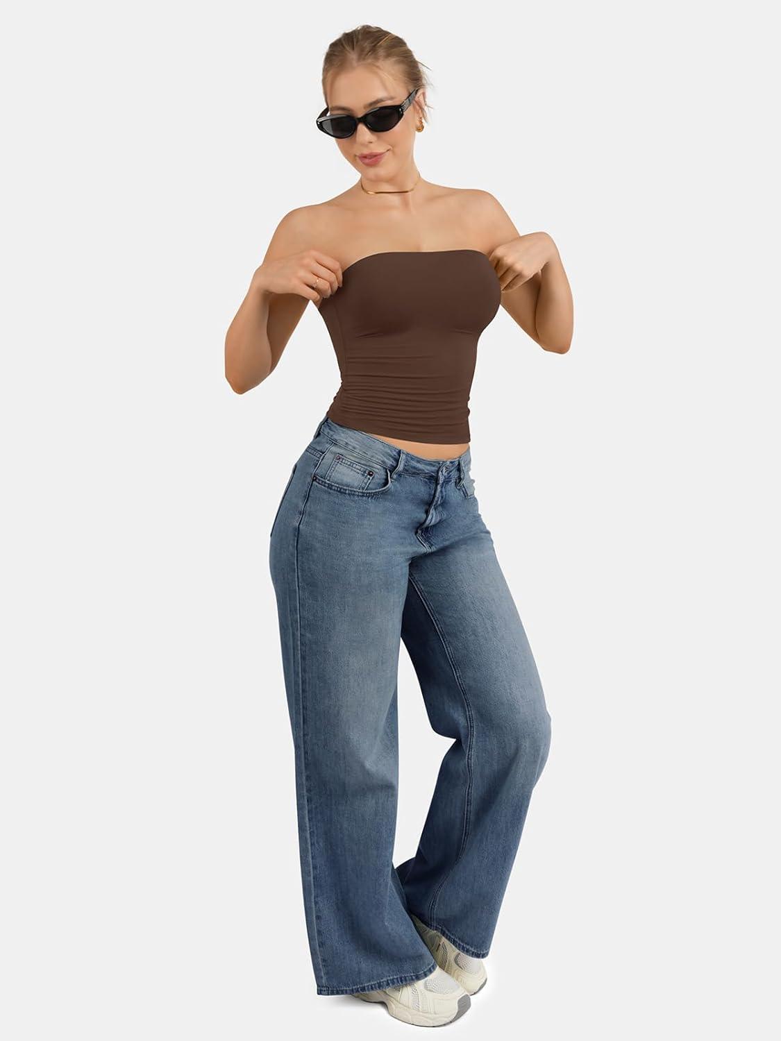 imageATHMILE Women Sexy Tube Top Summer Y2K Going Out Double Lined Basic Tank TopBrown