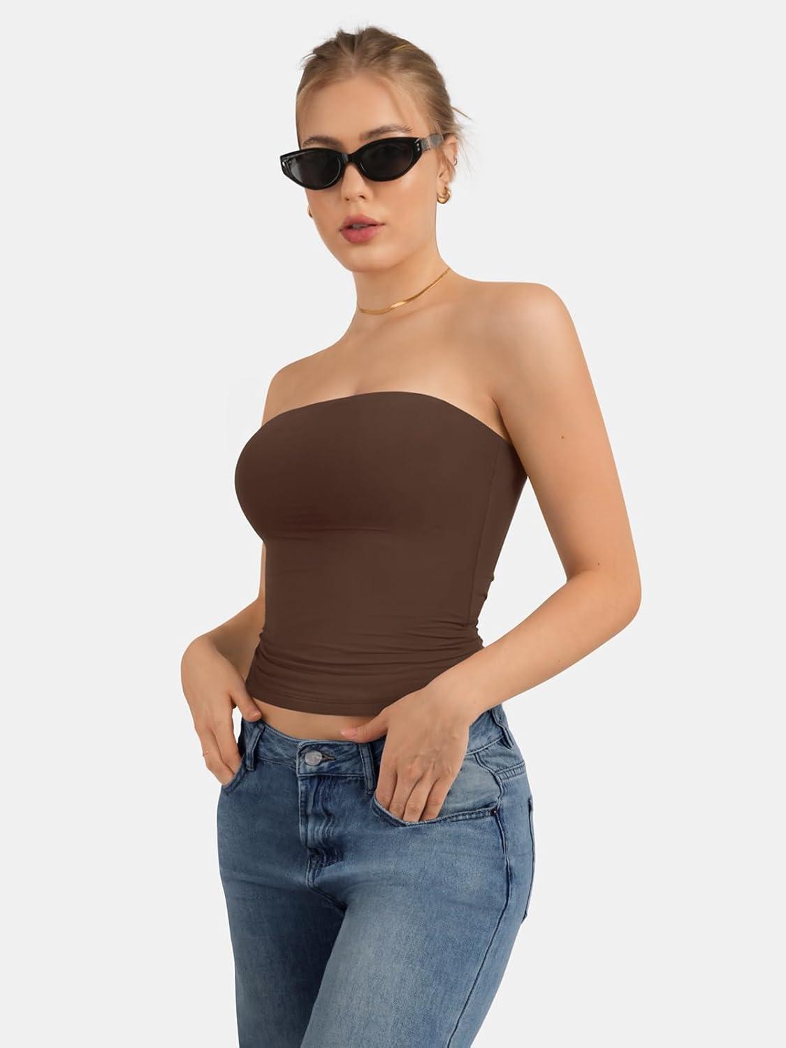 imageATHMILE Women Sexy Tube Top Summer Y2K Going Out Double Lined Basic Tank TopBrown