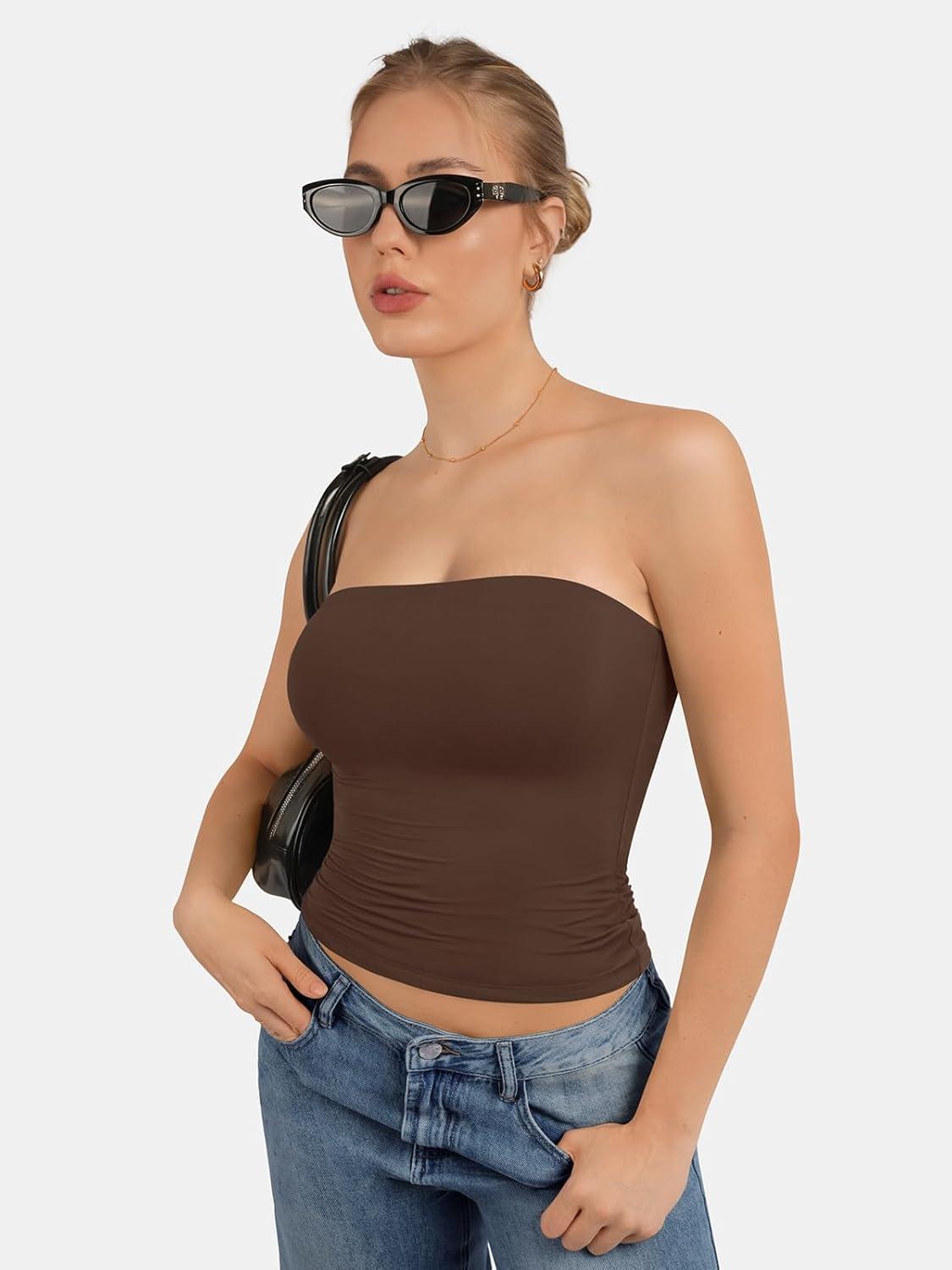 imageATHMILE Women Sexy Tube Top Summer Y2K Going Out Double Lined Basic Tank TopBrown