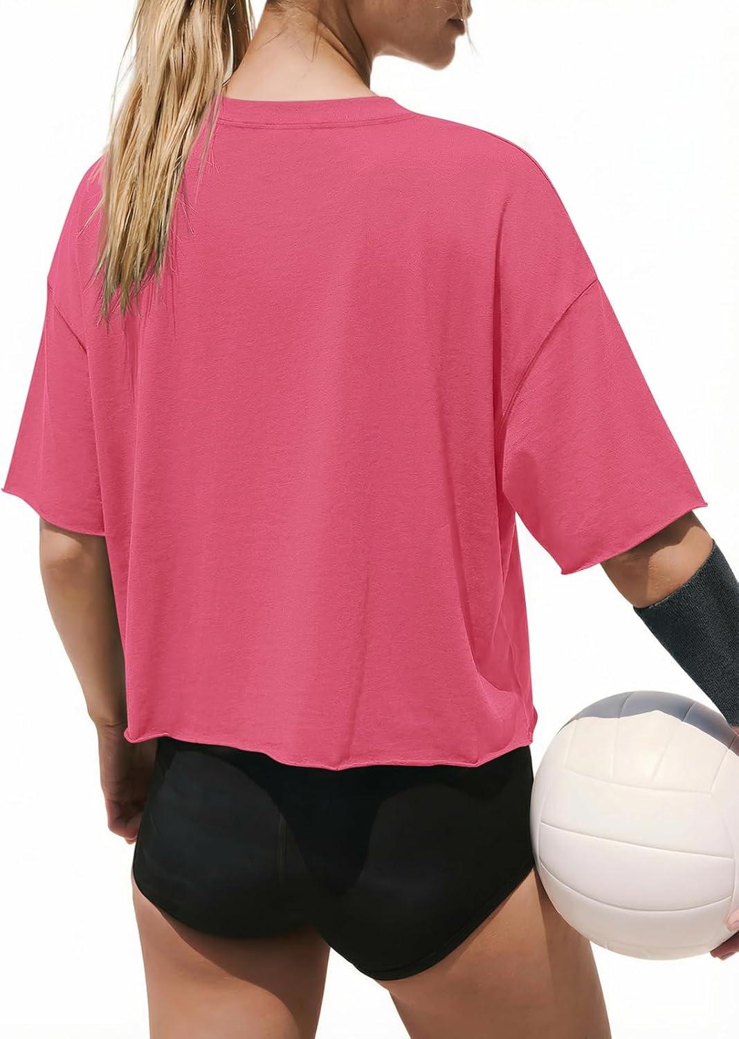 imageATHMILE Womens Crop Tops Workout Shirts Gym Oversized Spring Summer Basic Tees Short Sleeve Casual Loose Drop Shoulder 2026Hotpink