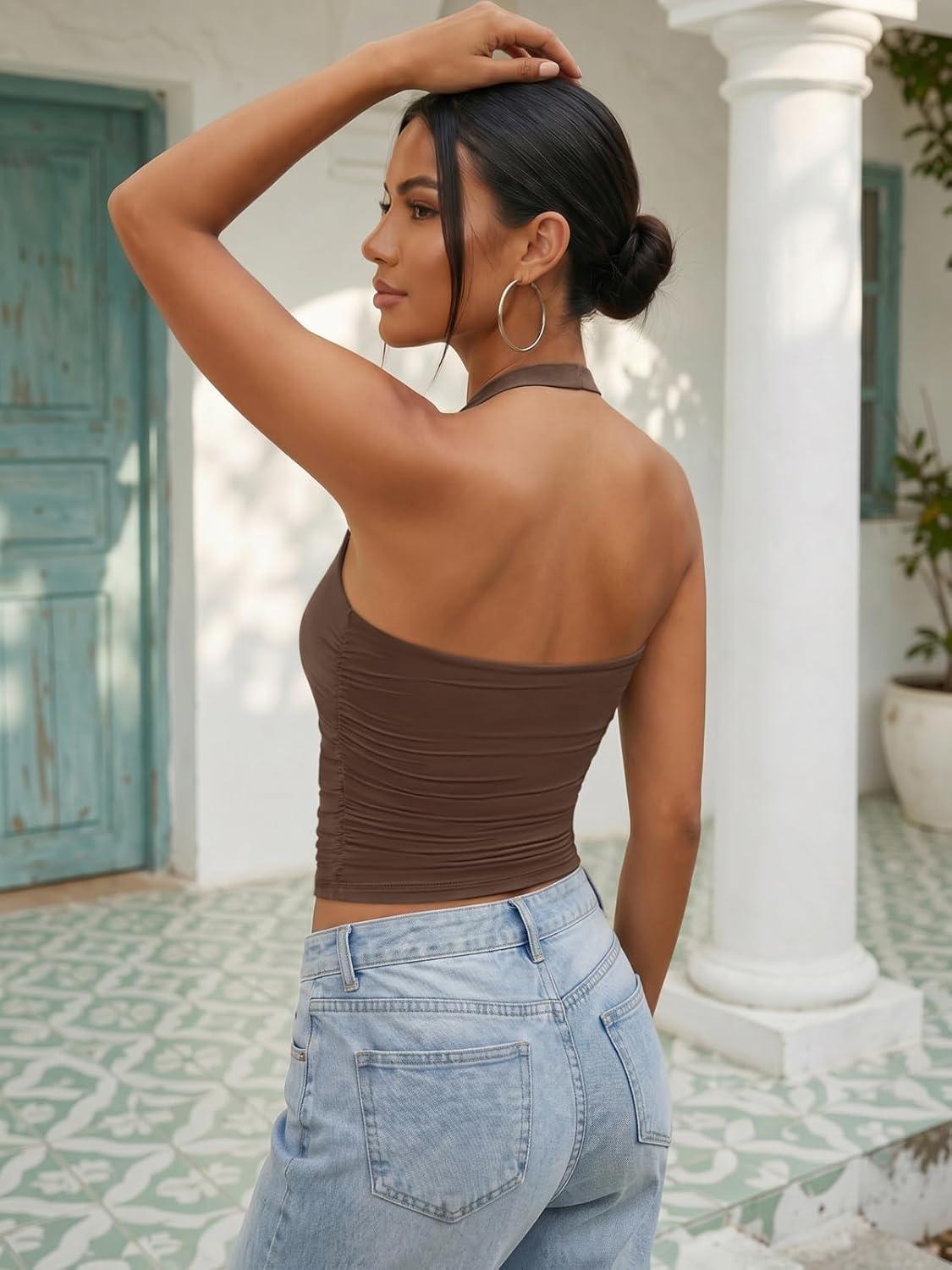 imageATHMILE Womens Halter Tank Tops Sexy Backless Double Lined Basic Shirts Y2K Trendy Going Out TopsBrown