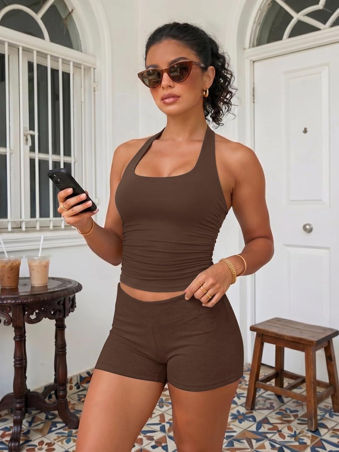 imageATHMILE Womens Halter Tank Tops Sexy Backless Double Lined Basic Shirts Y2K Trendy Going Out TopsBrown