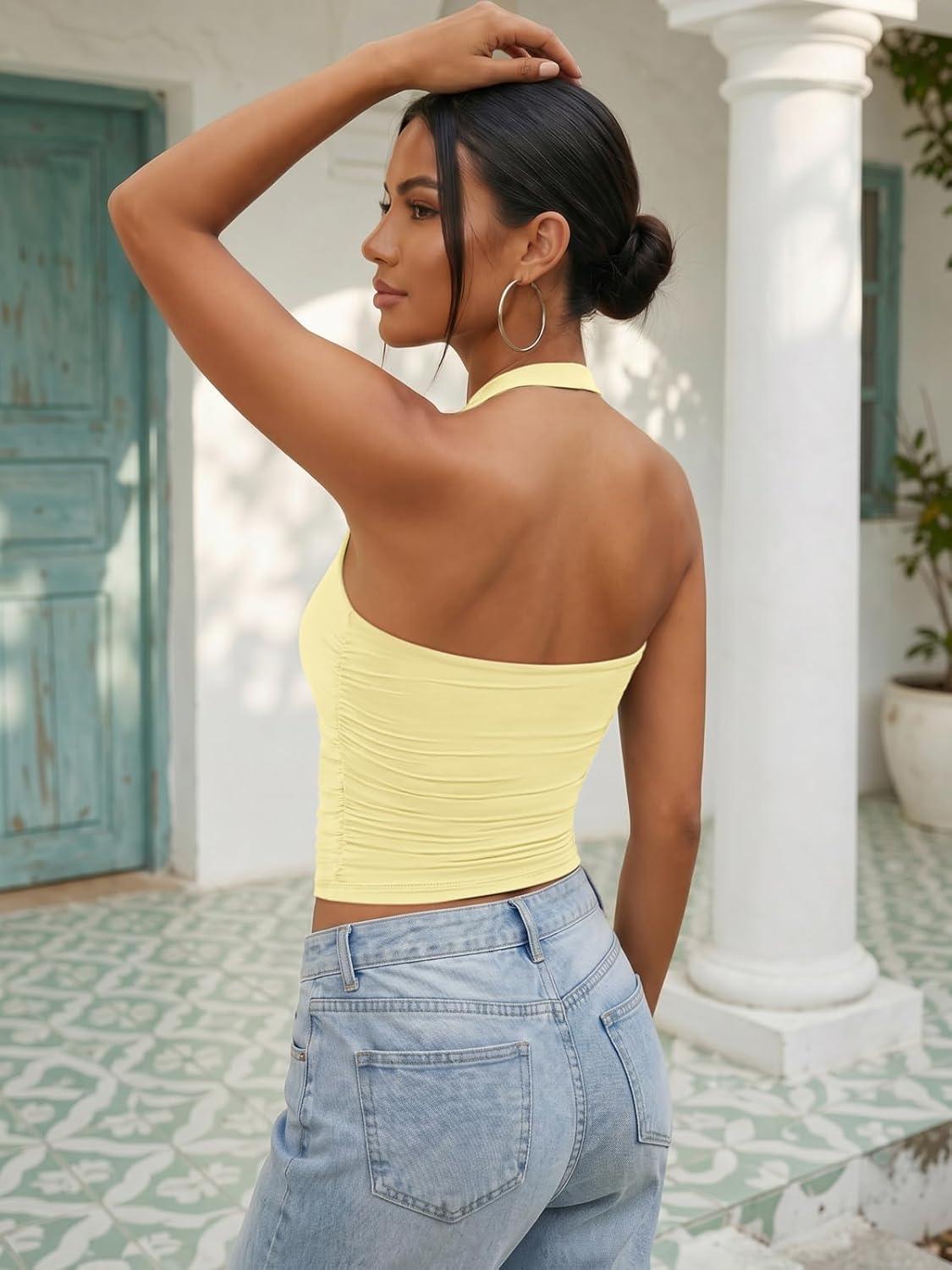 imageATHMILE Womens Halter Tank Tops Sexy Backless Double Lined Basic Shirts Y2K Trendy Going Out TopsLight Yellow
