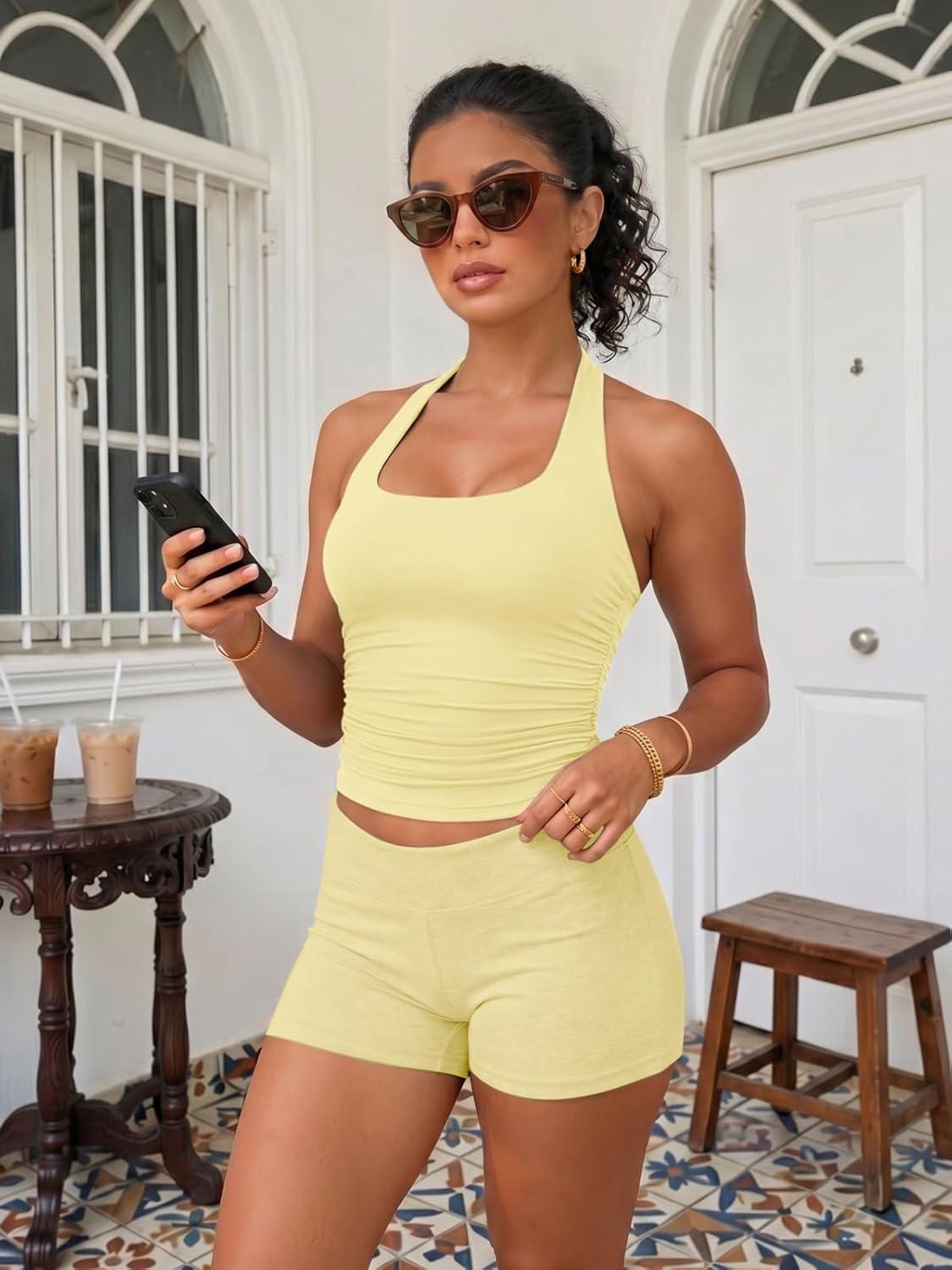 imageATHMILE Womens Halter Tank Tops Sexy Backless Double Lined Basic Shirts Y2K Trendy Going Out TopsLight Yellow