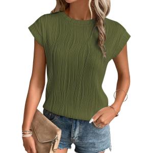 ATHMILE Womens Short Sleeve Summer Tops Crewneck Textured Shirts Basic T Shirt Casual Work Blouses(Armygreen)