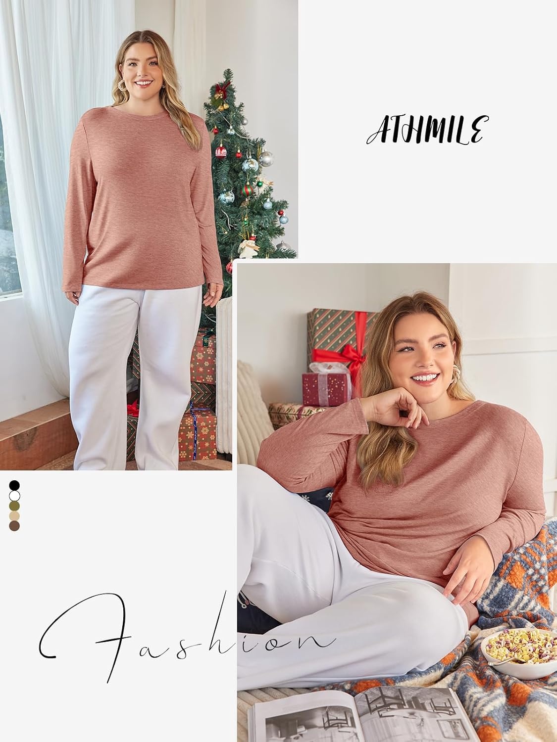 image:imageATHMILE Womens Long Sleeve Shirts Basic Tee Fall Trendy Teen Girl Teacher School Business Casual Workout 2026 FashionPink