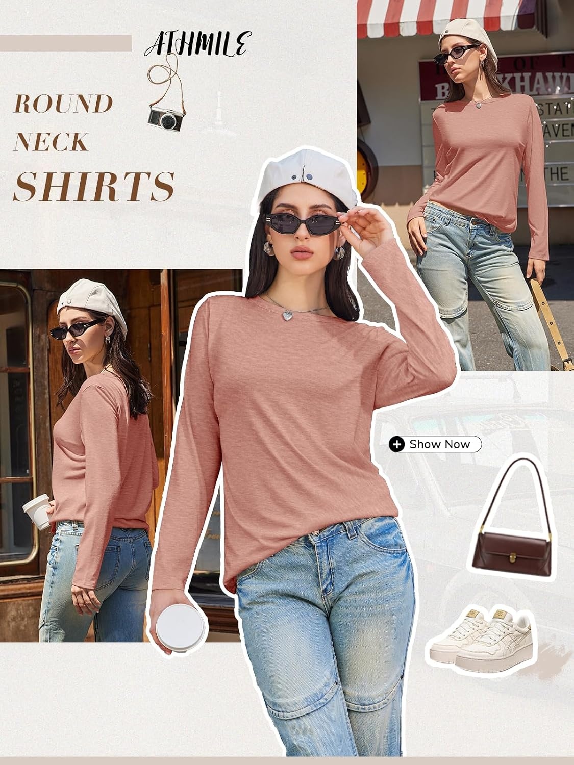 image:imageATHMILE Womens Long Sleeve Shirts Basic Tee Fall Trendy Teen Girl Teacher School Business Casual Workout 2026 FashionPink