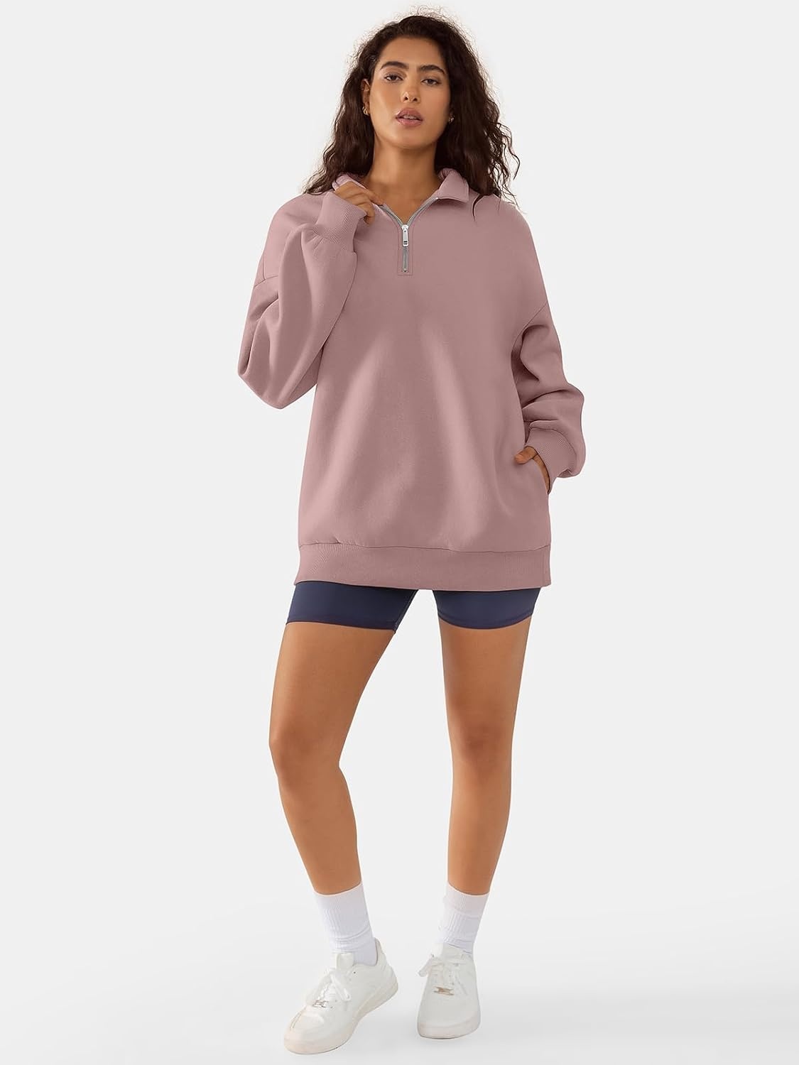 image:imageATHMILE Womens Oversized Sweatshirts Fall Fashion Hoodies Half Zip Fleece Pullover Long Sleeve Y2K Clothes with Side PocketsDarkpink