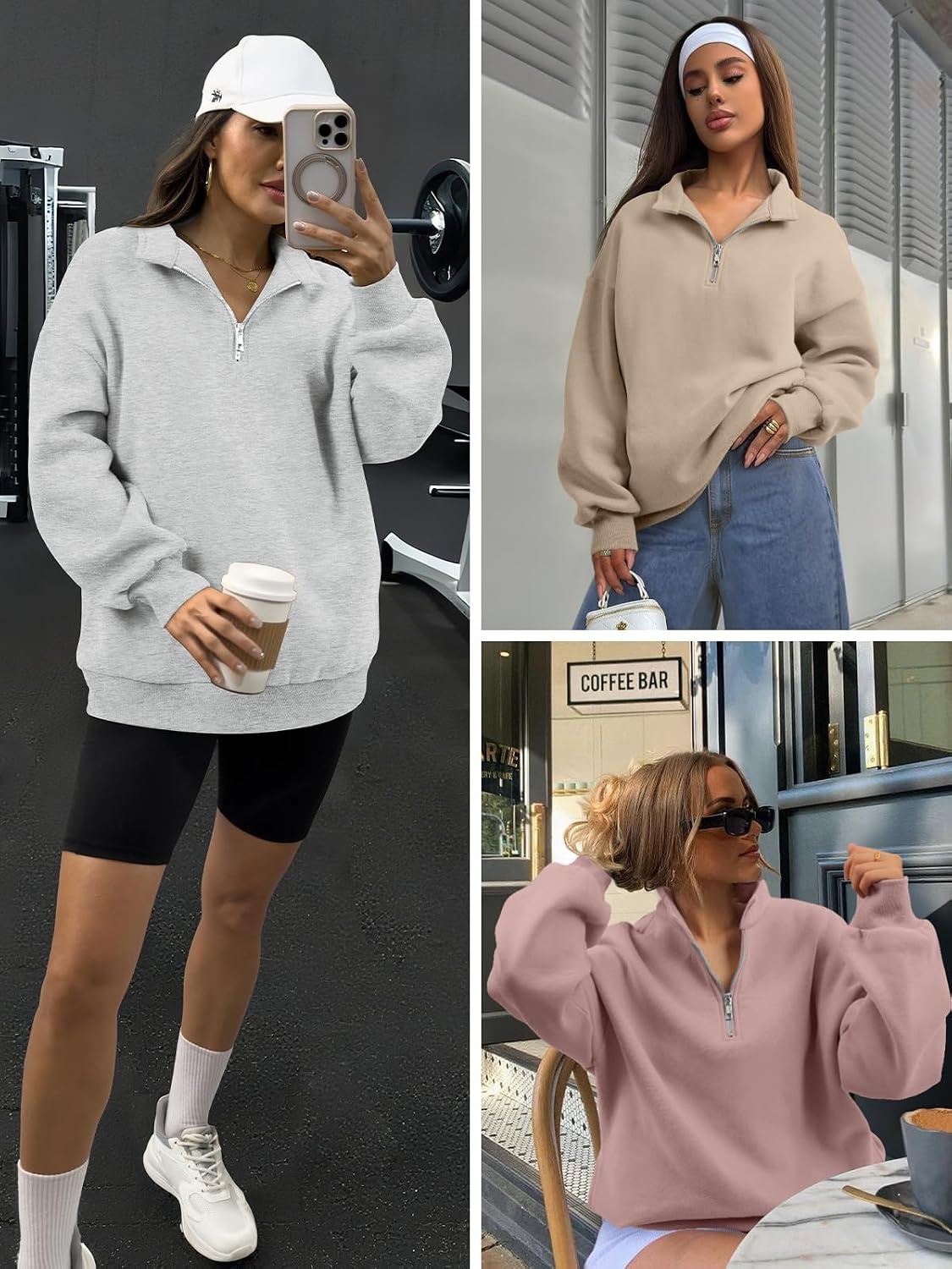 image:imageATHMILE Womens Oversized Sweatshirts Fall Fashion Hoodies Half Zip Fleece Pullover Long Sleeve Y2K Clothes with Side PocketsDarkpink