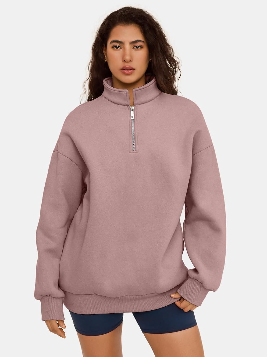image:imageATHMILE Womens Oversized Sweatshirts Fall Fashion Hoodies Half Zip Fleece Pullover Long Sleeve Y2K Clothes with Side PocketsDarkpink