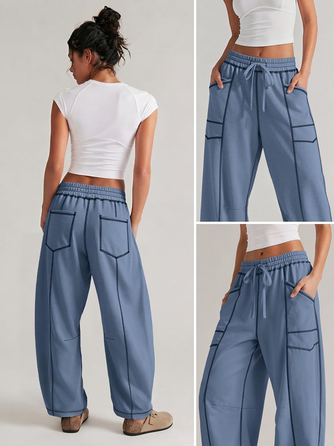 image:imageATHMILE Womens Baggy Barrel Sweatpants Wide Leg Drawstring Lounge Sweat Pants with PocketsBlue
