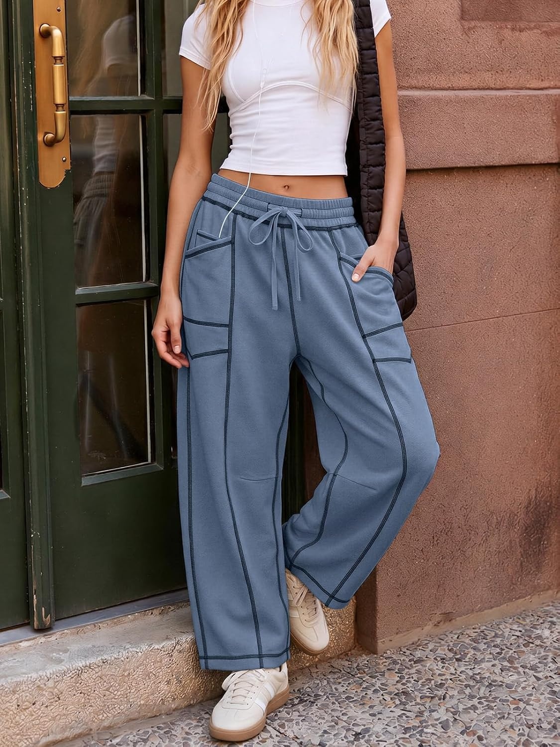 image:imageATHMILE Womens Baggy Barrel Sweatpants Wide Leg Drawstring Lounge Sweat Pants with PocketsBlue