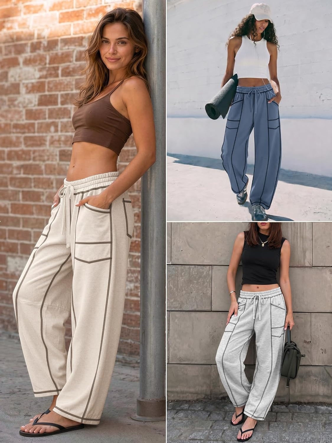 image:imageATHMILE Womens Baggy Barrel Sweatpants Wide Leg Drawstring Lounge Sweat Pants with PocketsLight Khaki