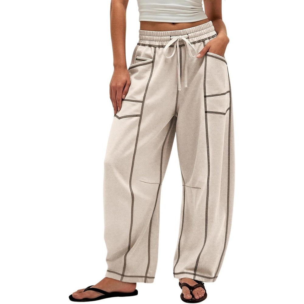 image:imageATHMILE Womens Baggy Barrel Sweatpants Wide Leg Drawstring Lounge Sweat Pants with PocketsLight Khaki