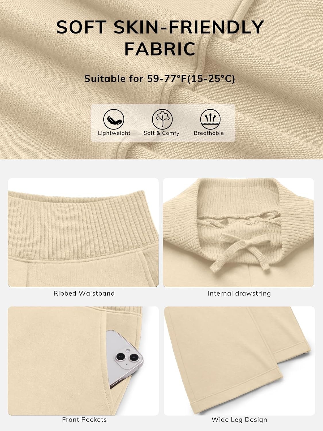 image:imageATHMILE Womens Wide Leg Sweatpants High Waisted Baggy Lounge Pants with Pockets Drawstring Comfy Casual Athletic PalazzoApricot