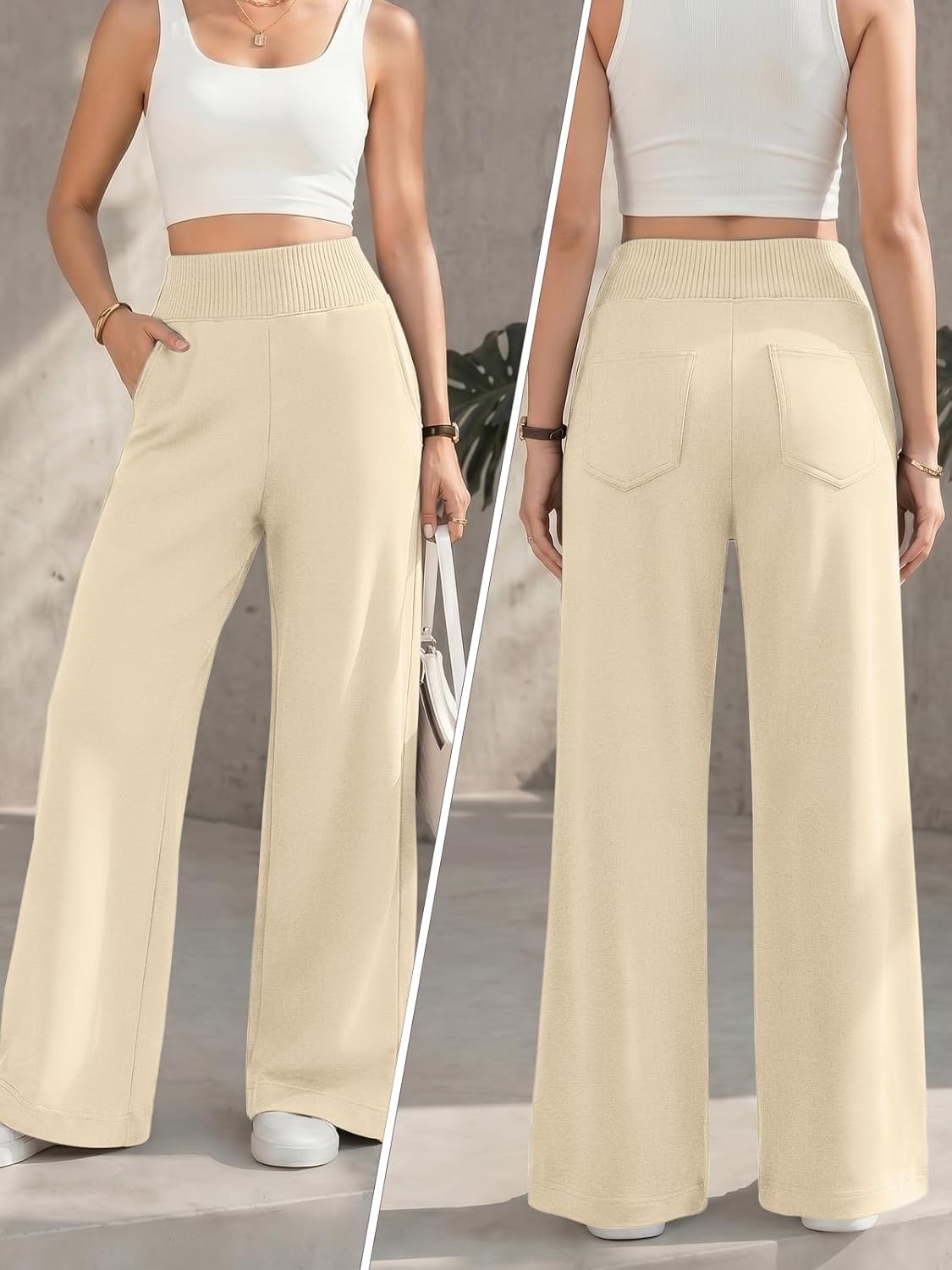 image:imageATHMILE Womens Wide Leg Sweatpants High Waisted Baggy Lounge Pants with Pockets Drawstring Comfy Casual Athletic PalazzoApricot