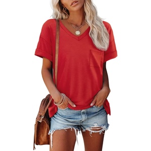 ATHMILE Womens T Shirts Short Sleeve V Neck Summer Tops Basic Tees | Lightweight Breathable Casual Sorf Plus Size Spring Summer Tops Clothes(Red)