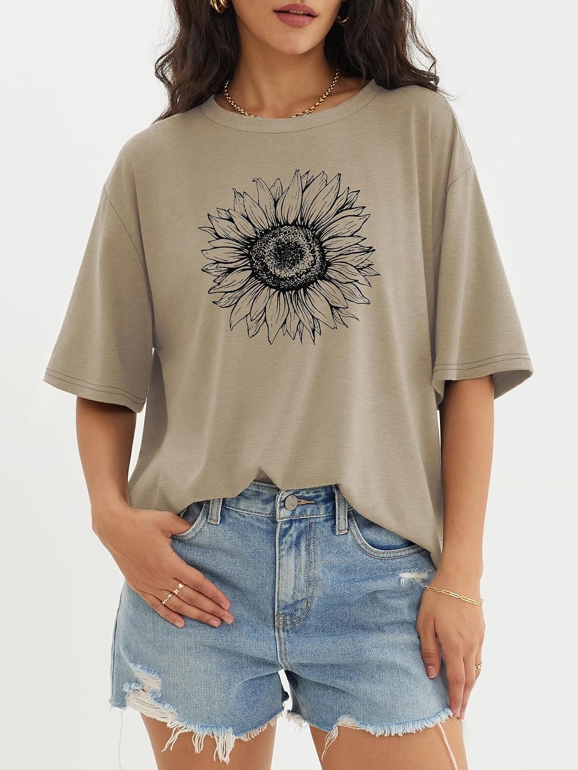 image:imageATHMILE Womens Oversized T Shirts Short Sleeve Workout TopsSunflower Print Khaki