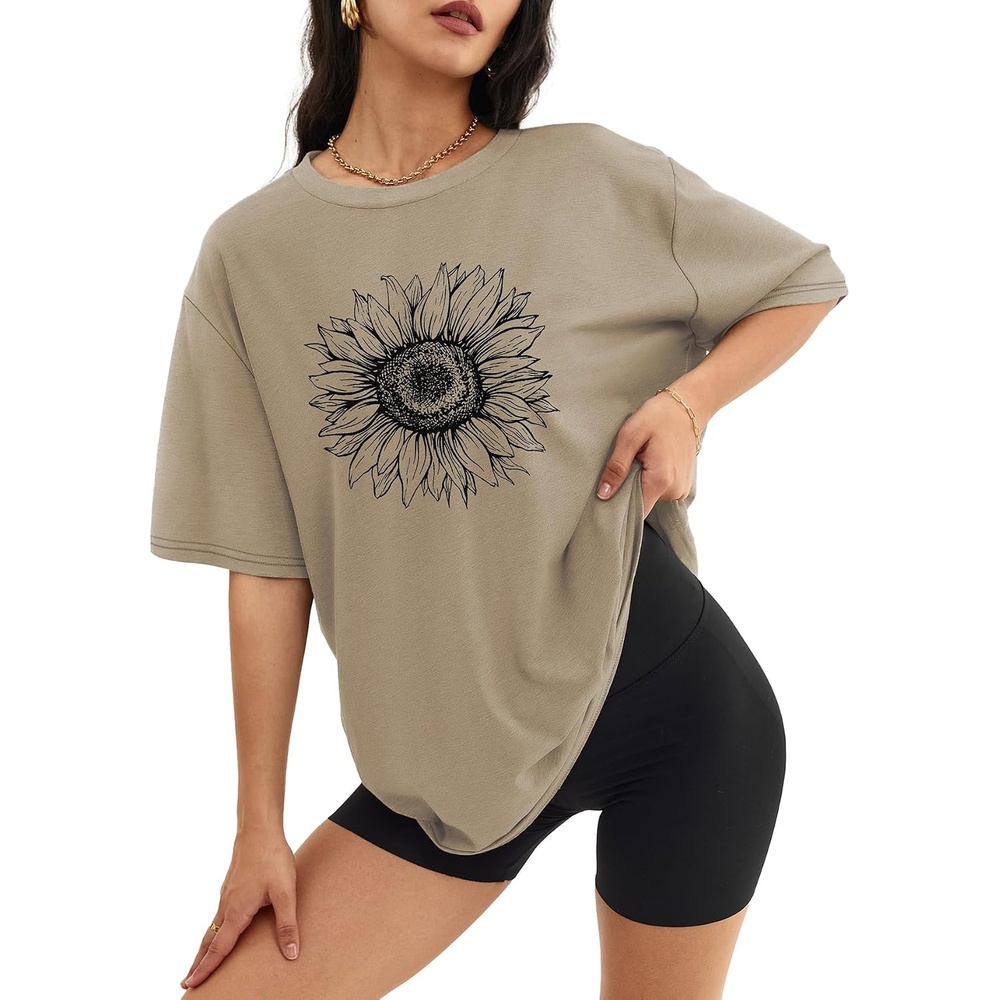 image:imageATHMILE Womens Oversized T Shirts Short Sleeve Workout TopsSunflower Print Khaki