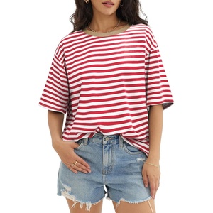 ATHMILE Womens Oversized T Shirts Short Sleeve Workout Tops(Striped (Red & White))