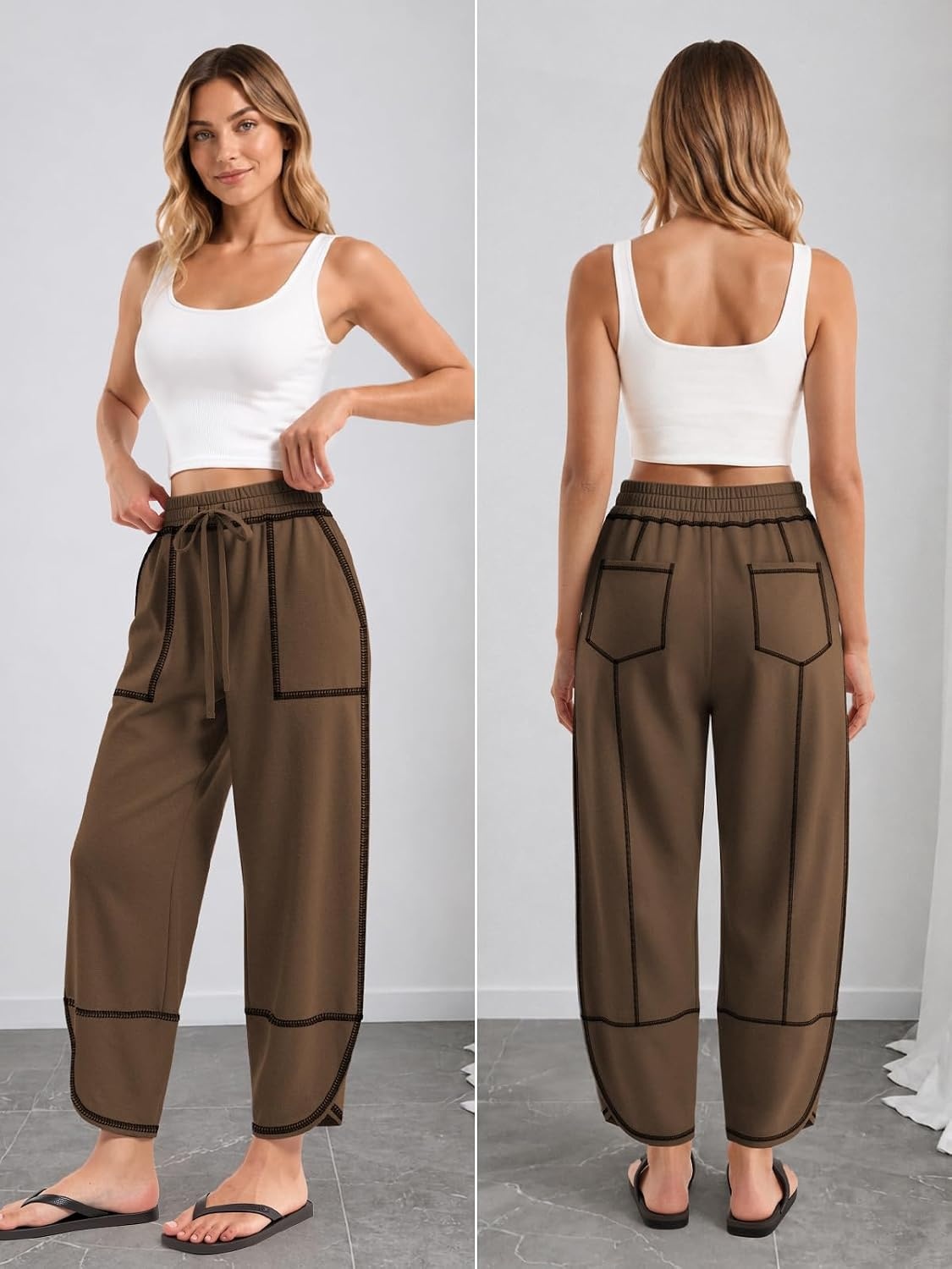 image:imageATHMILE Womens Barrel Sweatpants Baggy Wide Leg Drawstring Lounge Track Sweat Palazzo Harem Pants with PocketsCoffee