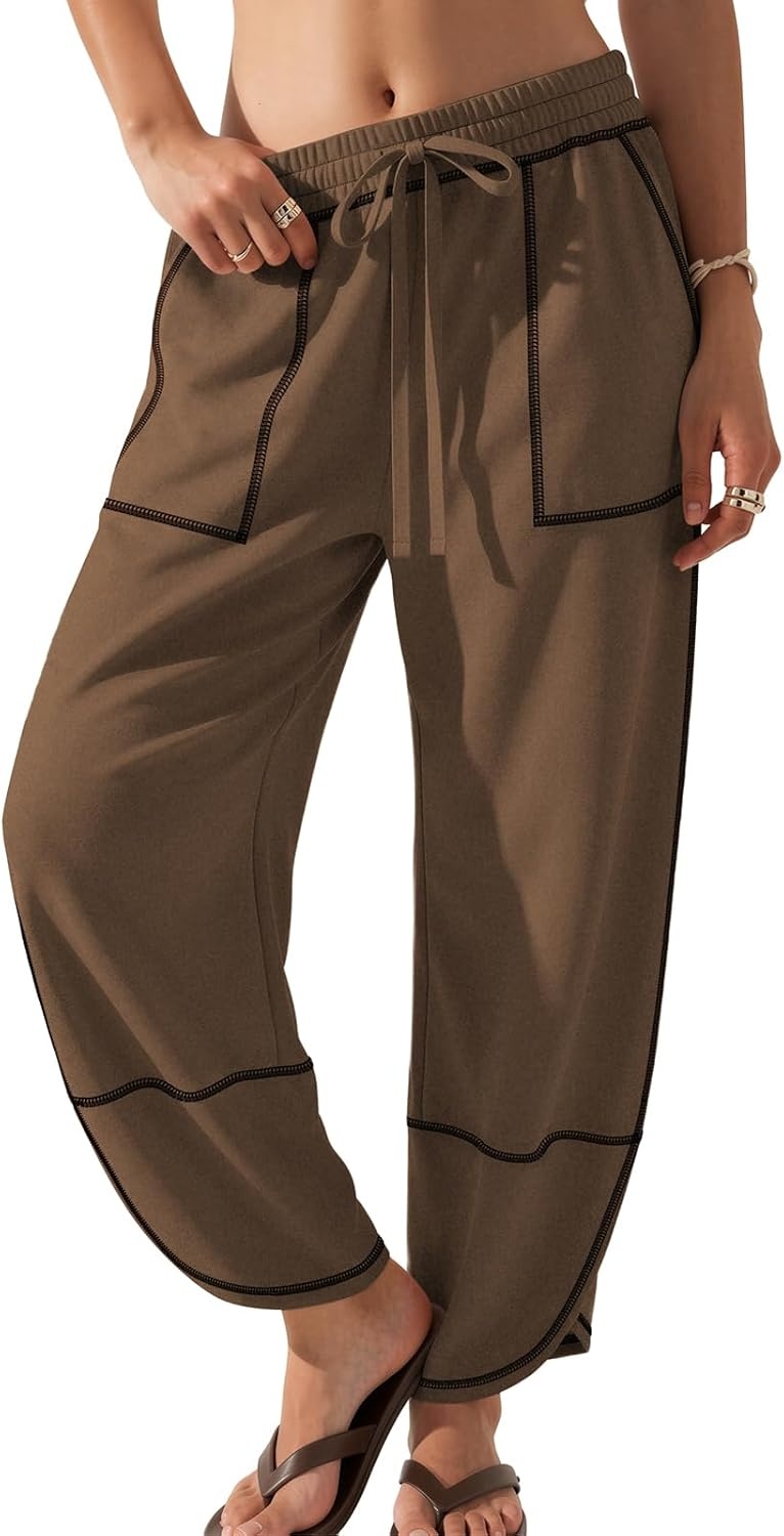 image:imageATHMILE Womens Barrel Sweatpants Baggy Wide Leg Drawstring Lounge Track Sweat Palazzo Harem Pants with PocketsCoffee